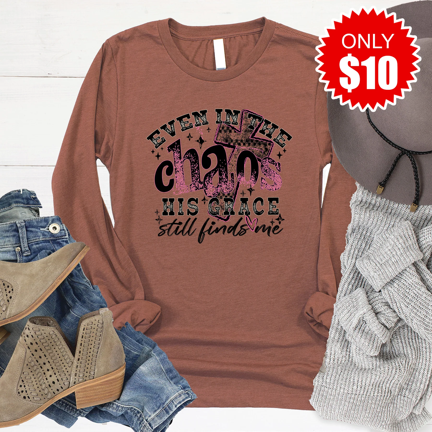 His Grace Still Finds Me Long Sleeve - Heather Chestnut - 10