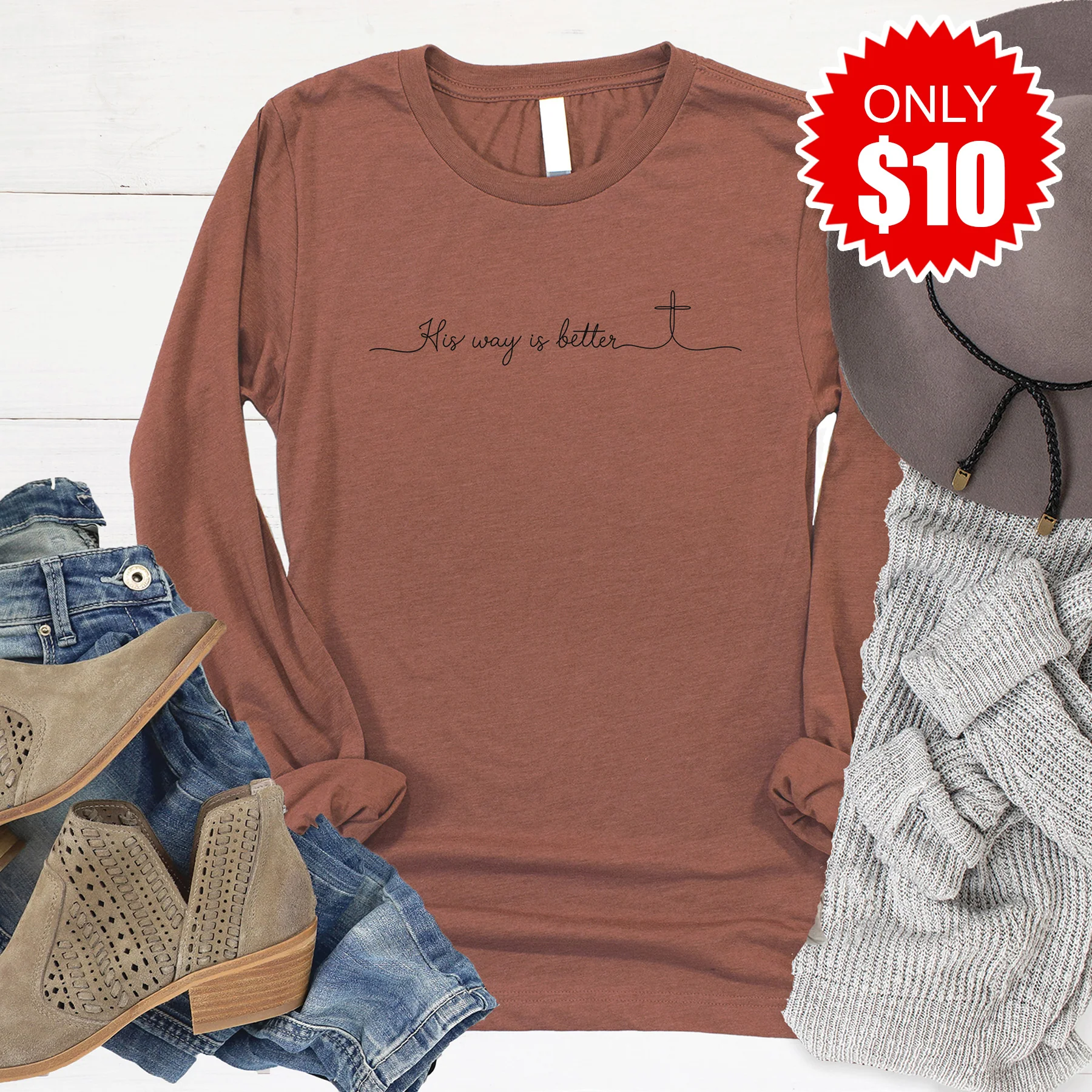 His Way Is Better Long Sleeve - Heather Chestnut - 10