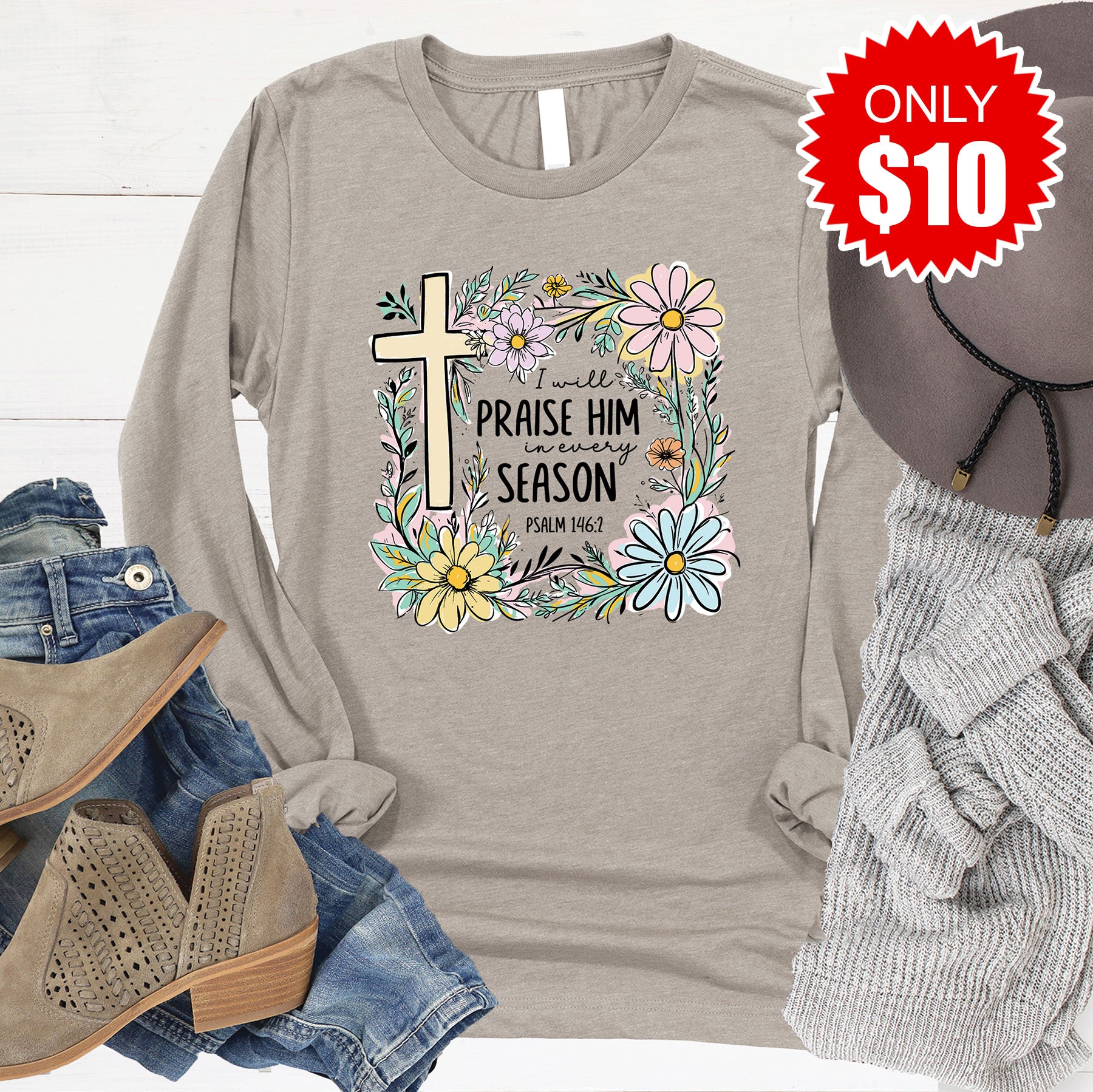 I Will Praise Him Long Sleeve - Heather Stone - 10