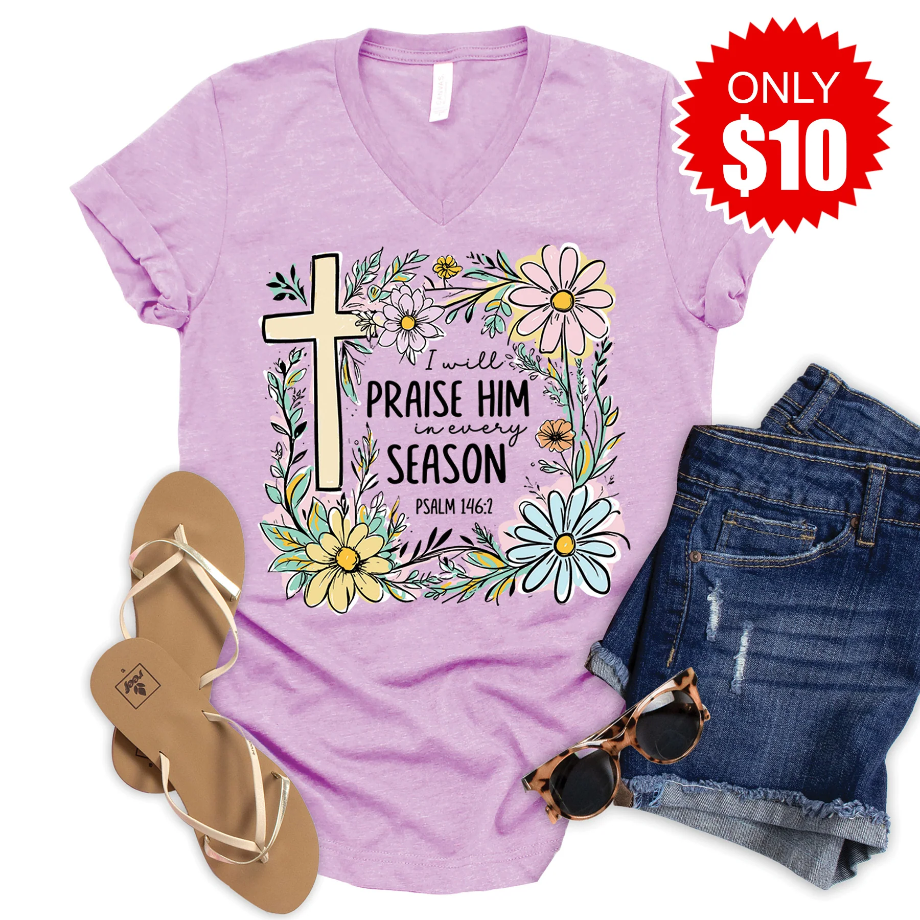 I Will Praise Him V-Neck - Heather Lilac - 10