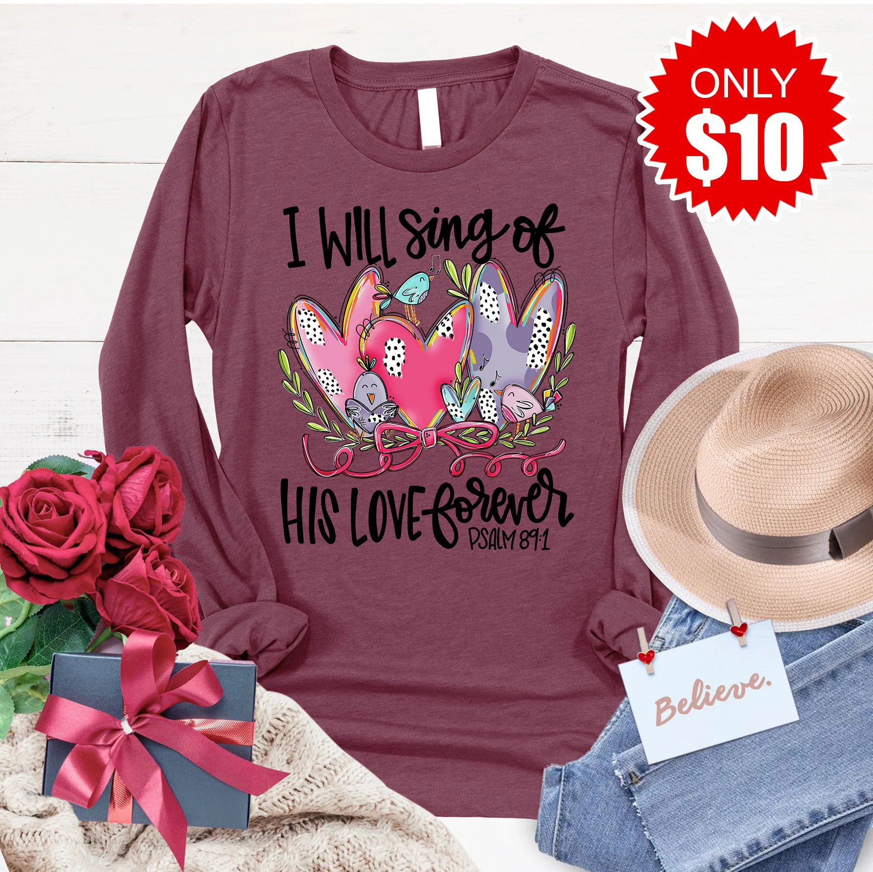 I Will Sing Of His Love Long Sleeve - Heather Burgundy - 10