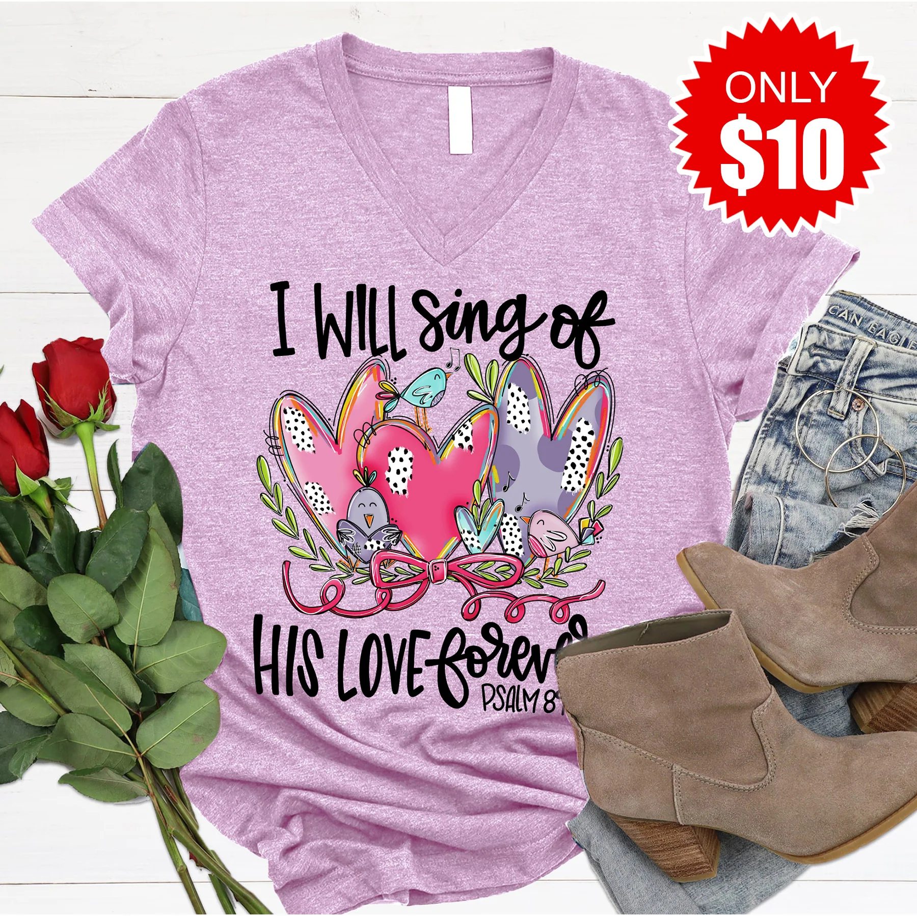 I Will Sing Of His Love V-Neck - Heather Lilac - 10