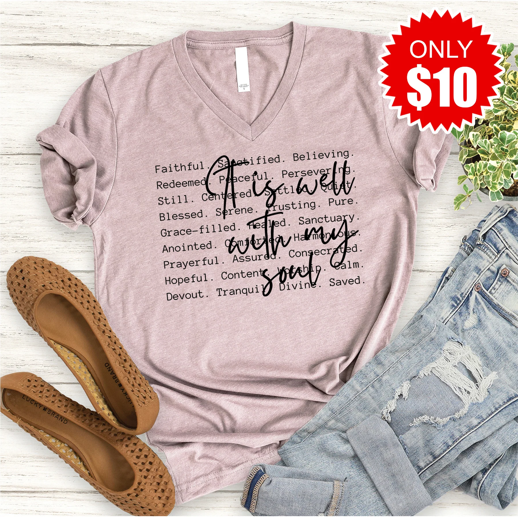 It Is Well With My Soul V-Neck - Heather Pink Gravel - 10