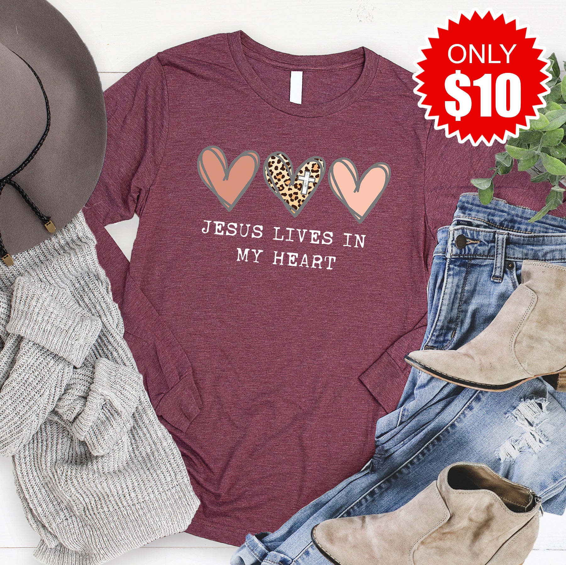 Jesus Lives In My Heart Long Sleeve - Heather Burgundy - 10