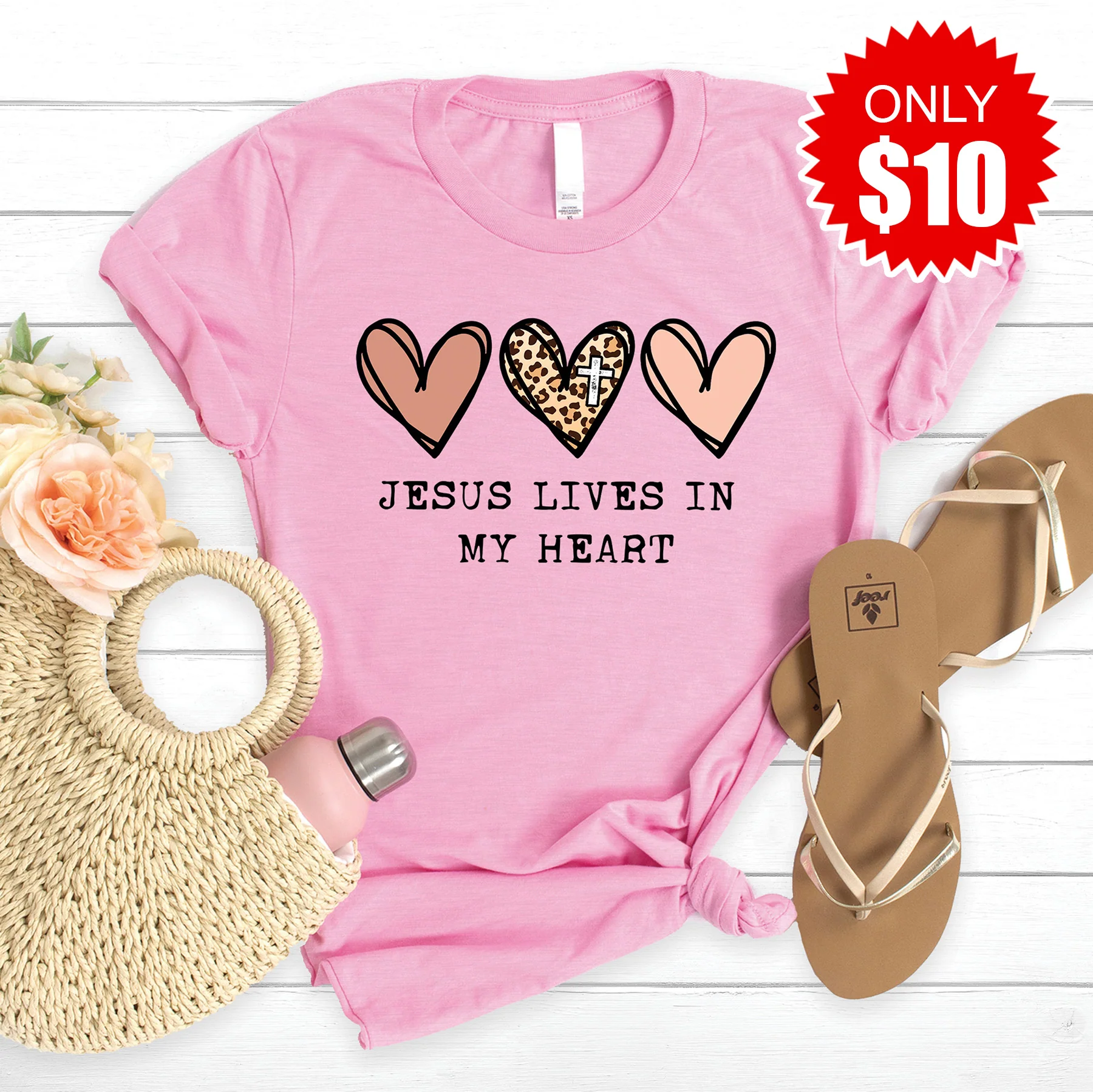 Jesus Lives In My Heart Tee - Heather Bubble Gum - 10