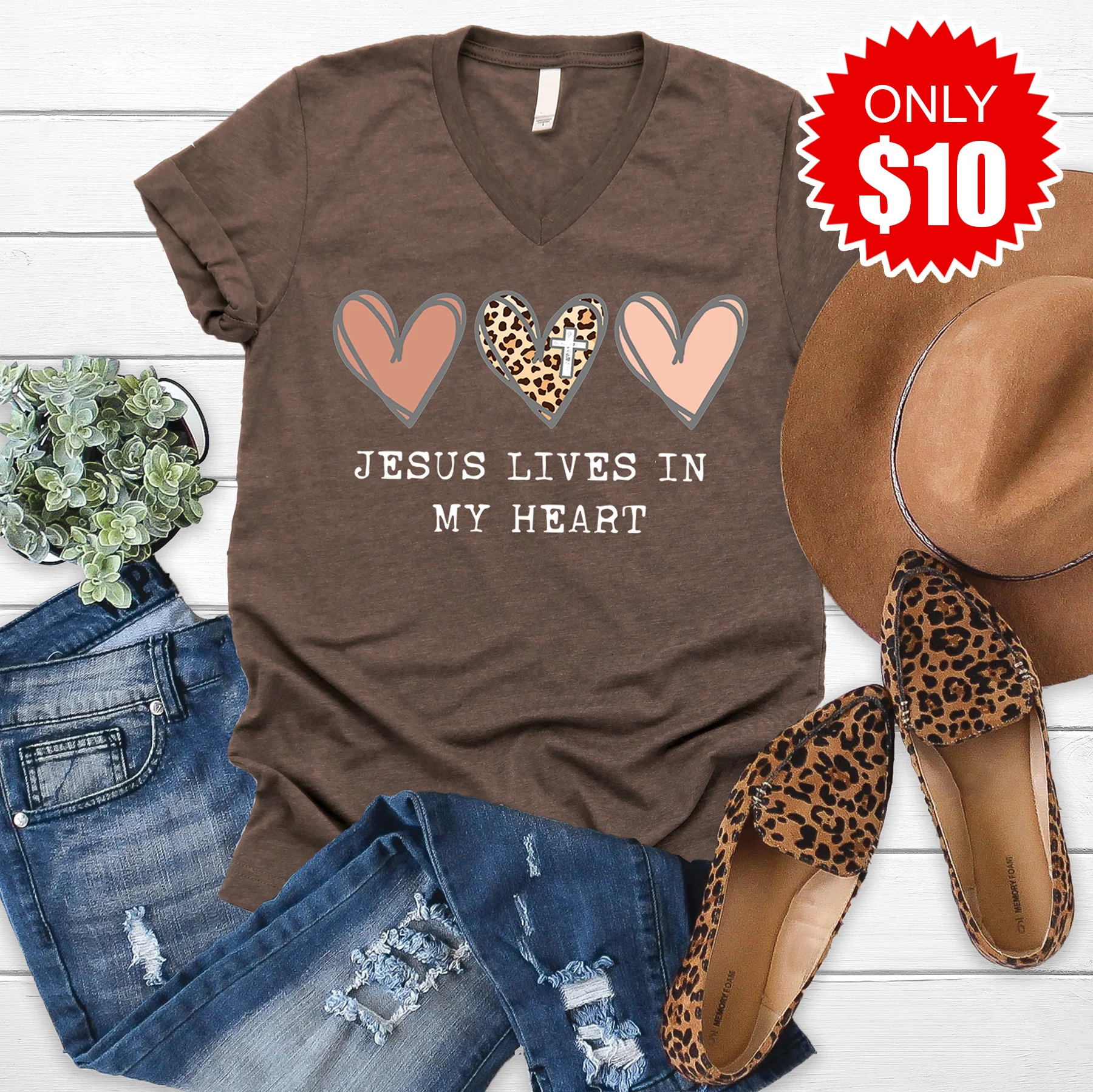 Jesus Lives In My Heart V-Neck - Heather Brown - 10