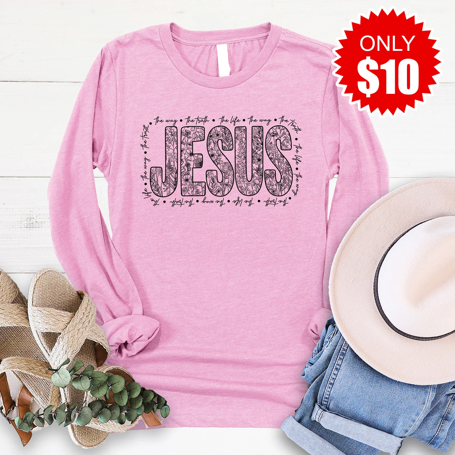 Jesus Long Sleeve - Heather Bubble Gum - 10