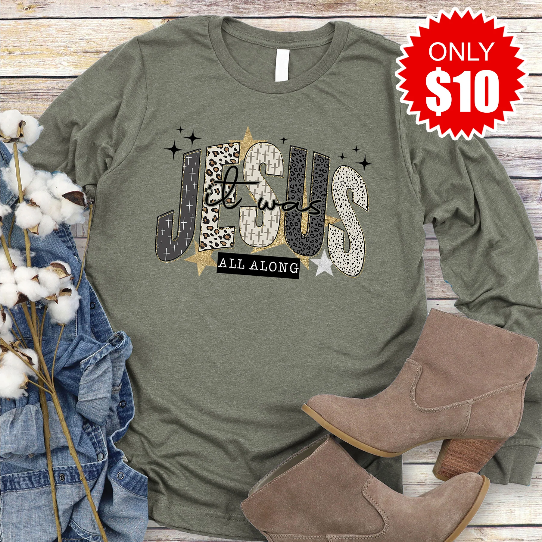 Jesus Long Sleeve - Heather Olive - 10