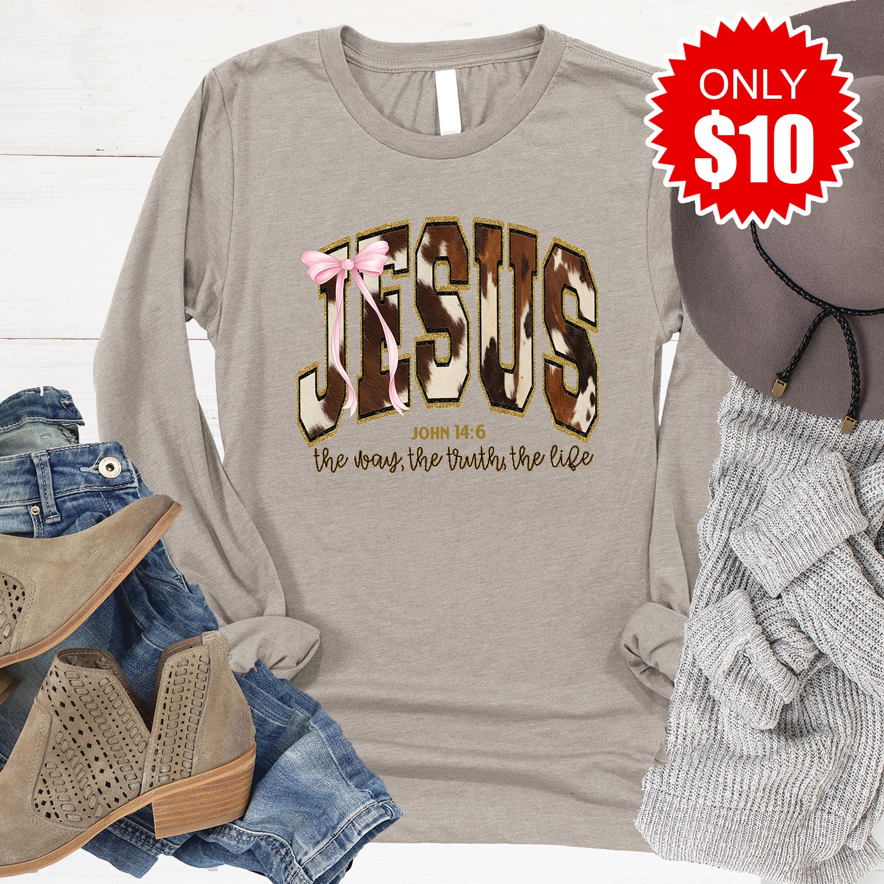 Jesus Long Sleeve - Heather Stone - 10
