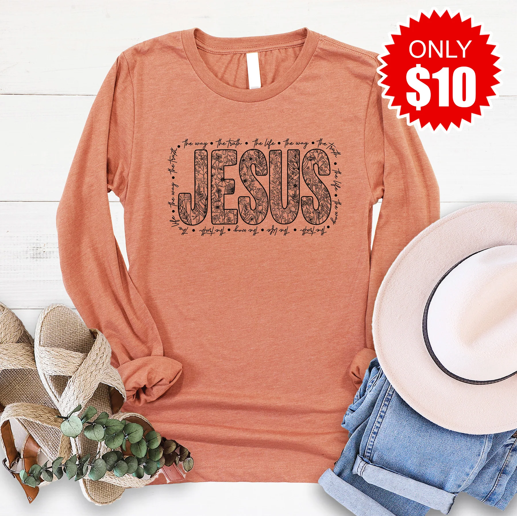 Jesus Long Sleeve - Heather Terracotta - 10