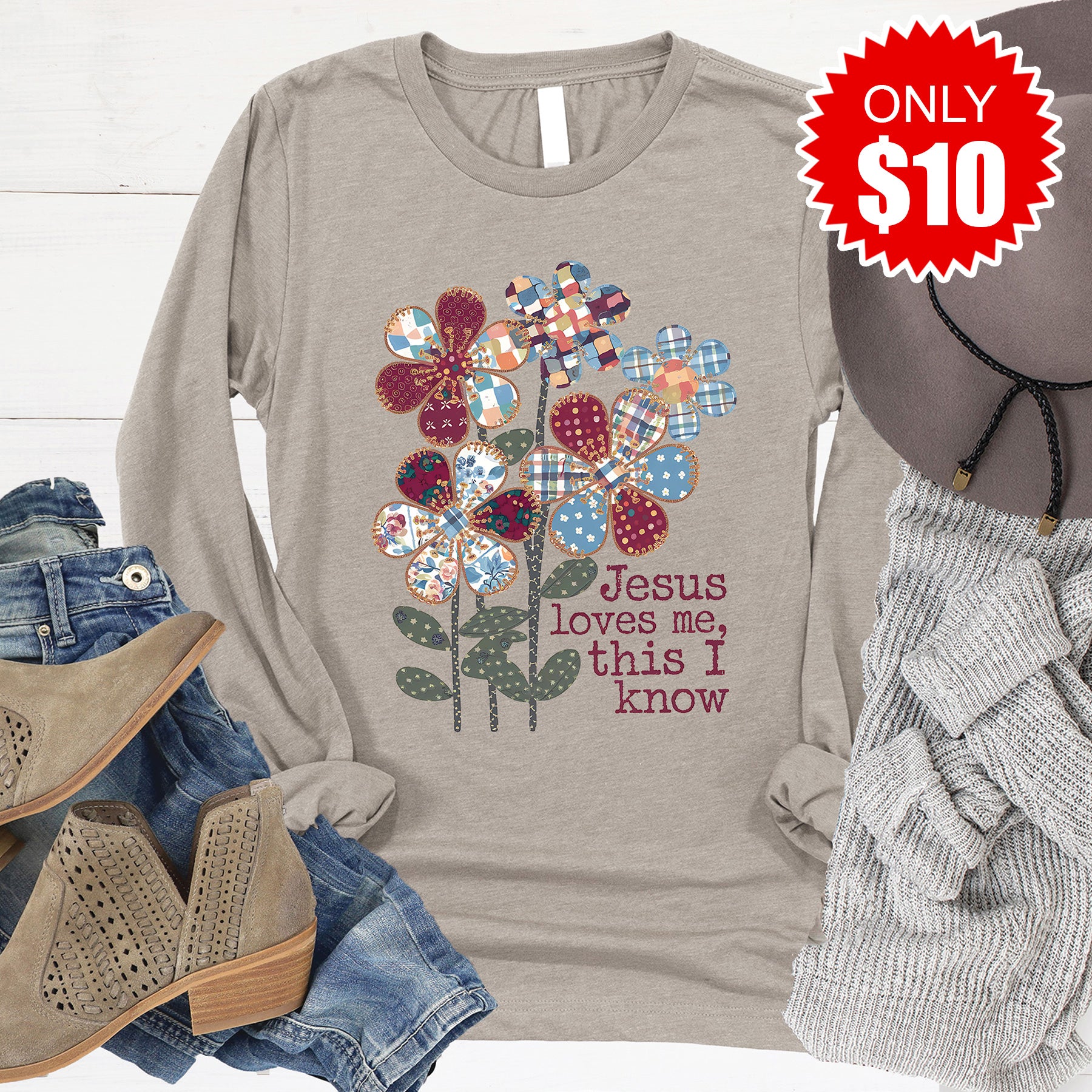Jesus Loves Me Long Sleeve - Heather Stone - 10
