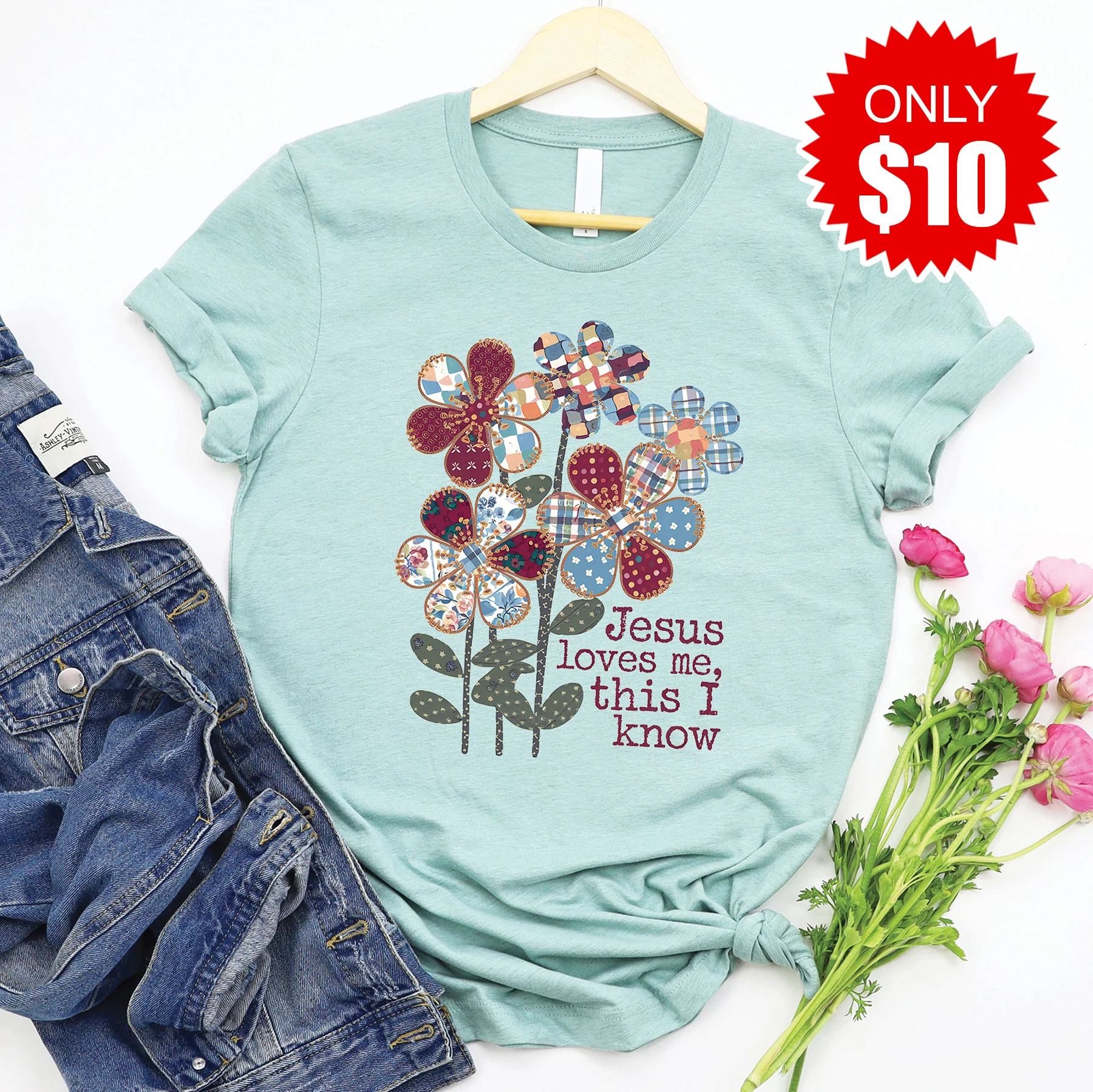 Jesus Loves Me Tee - Heather Dusty Blue - 10