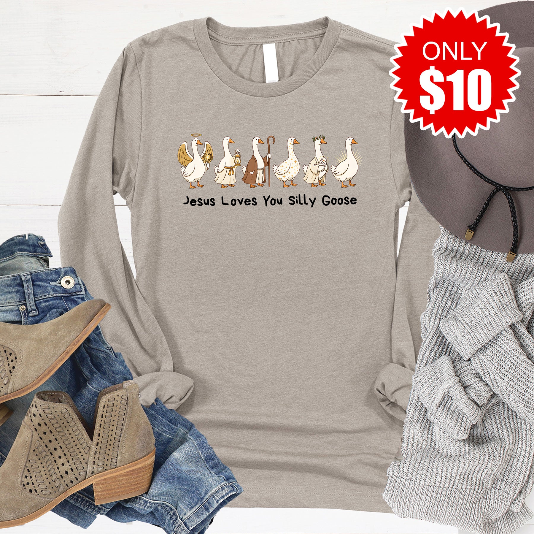 Jesus Loves You Silly Goose Long Sleeve - Heather Stone - 10