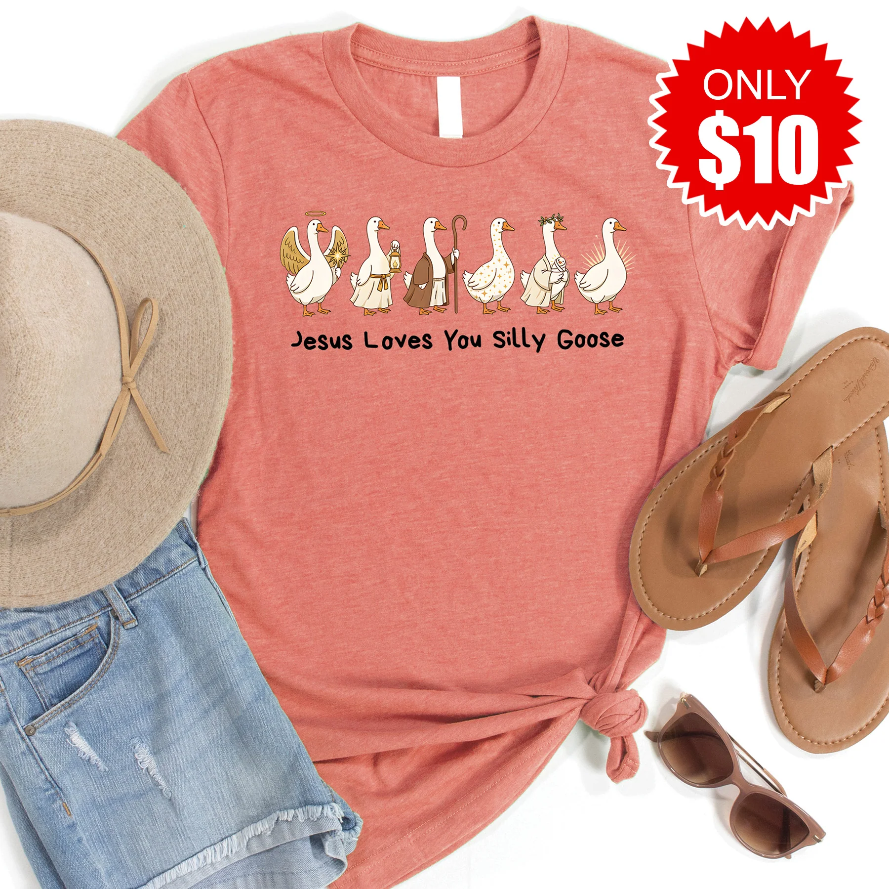 Jesus Loves You Silly Goose Tee - Heather Papaya - 10