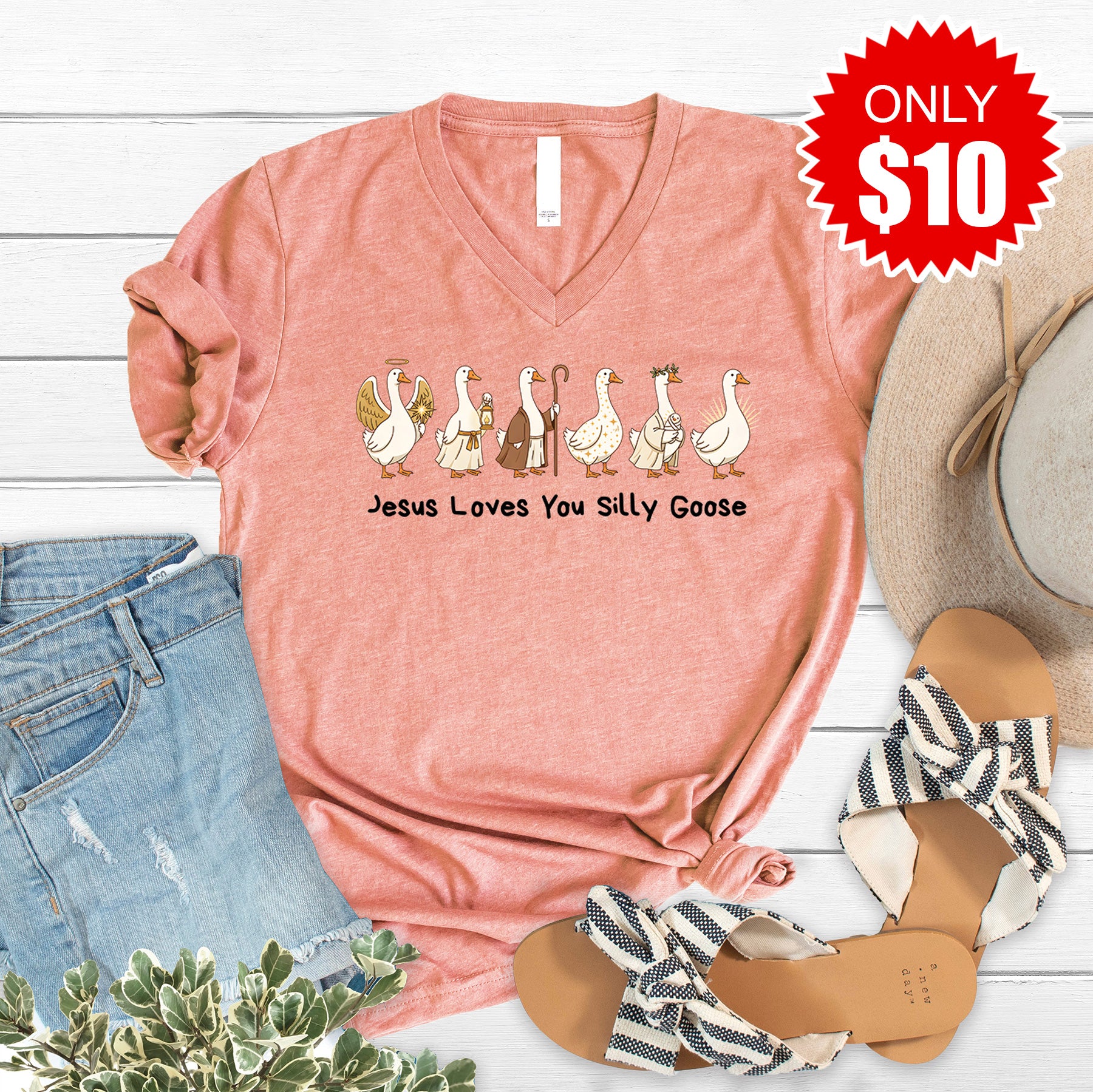 Jesus Loves You Silly Goose V-Neck - Heather Sunset - 10