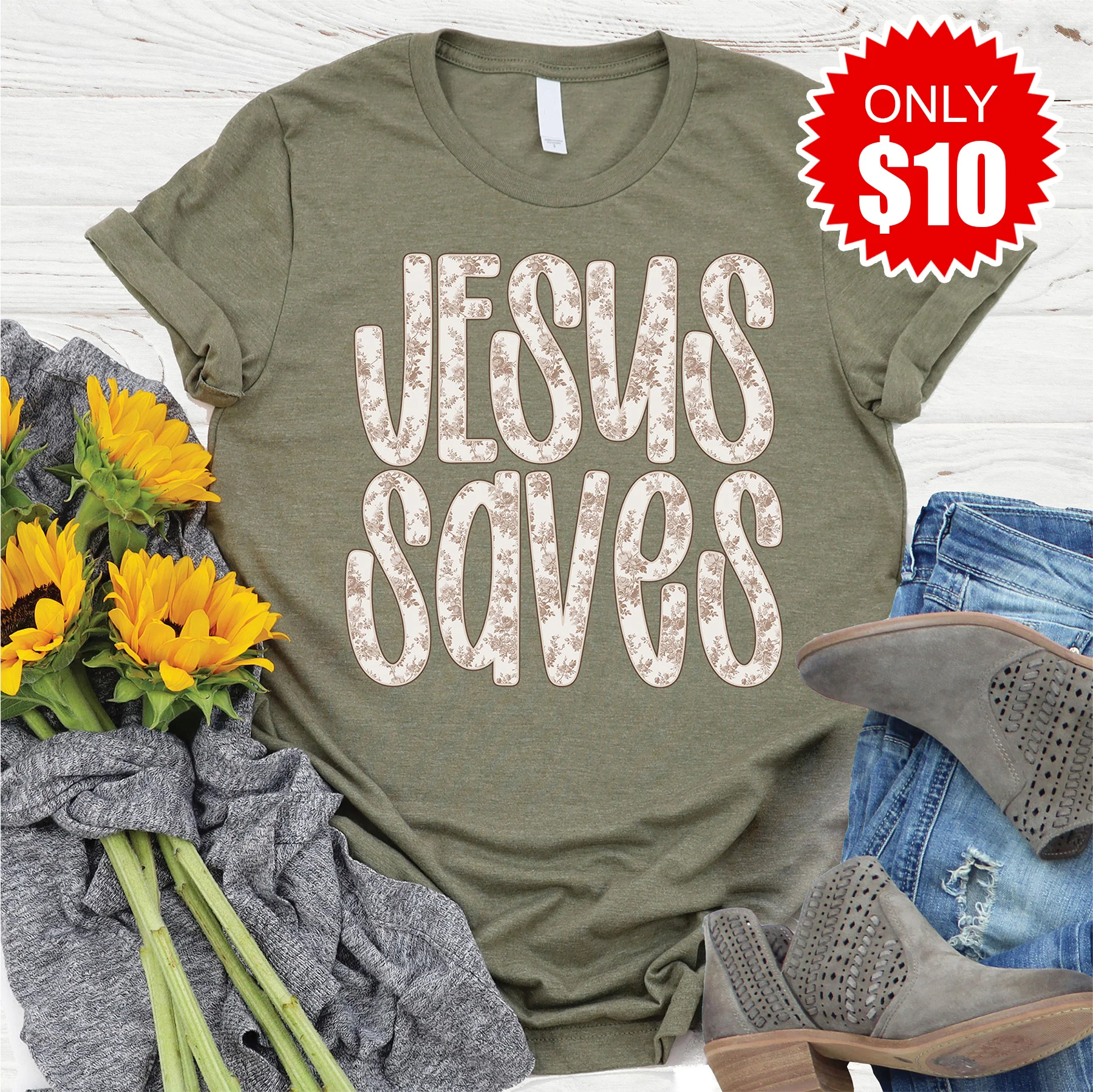 Jesus Saves Tee - Heather Olive - 10