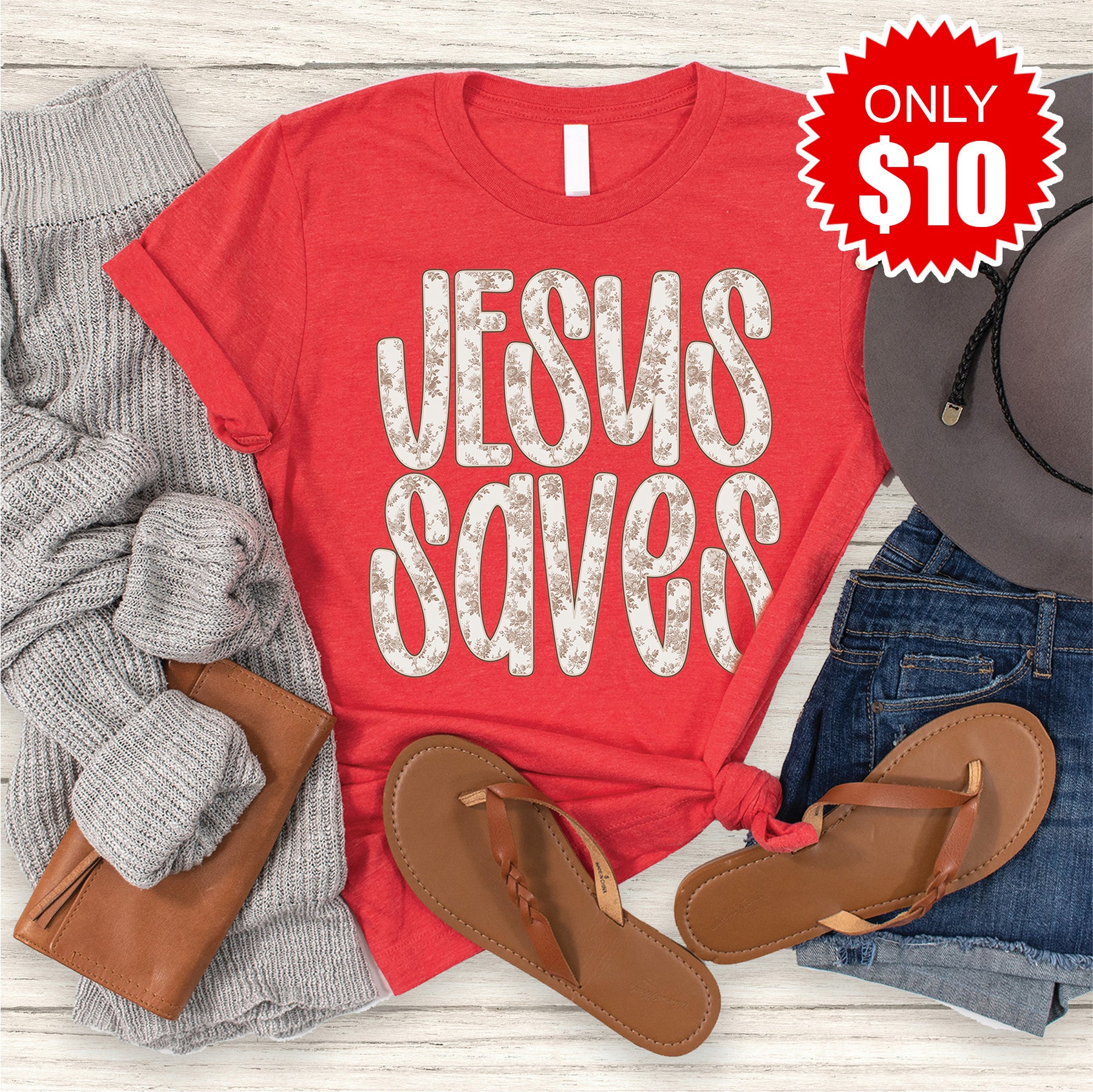 Jesus Saves Tee - Heather Red - 10