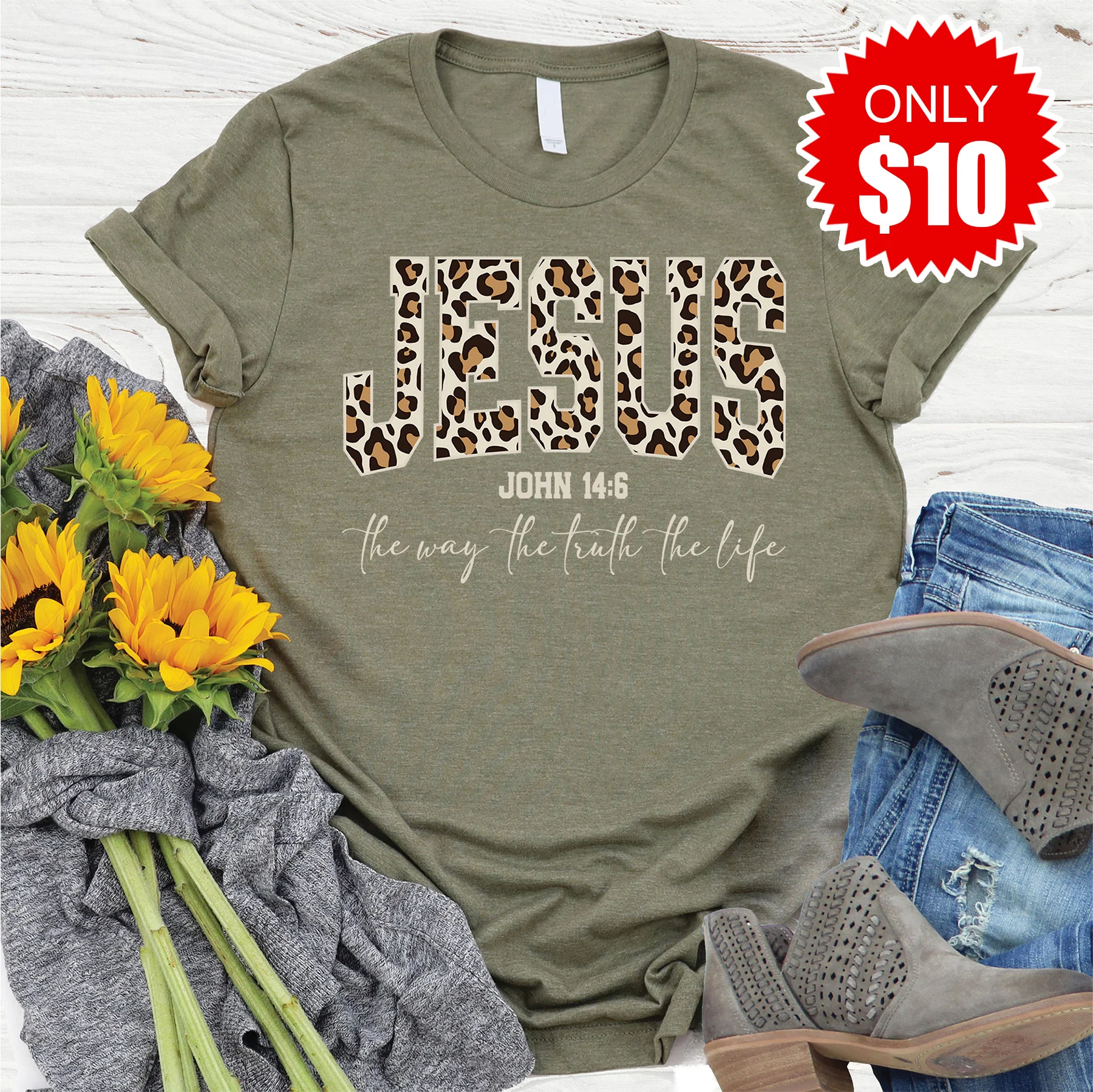 Jesus Tee - Heather Olive - 10