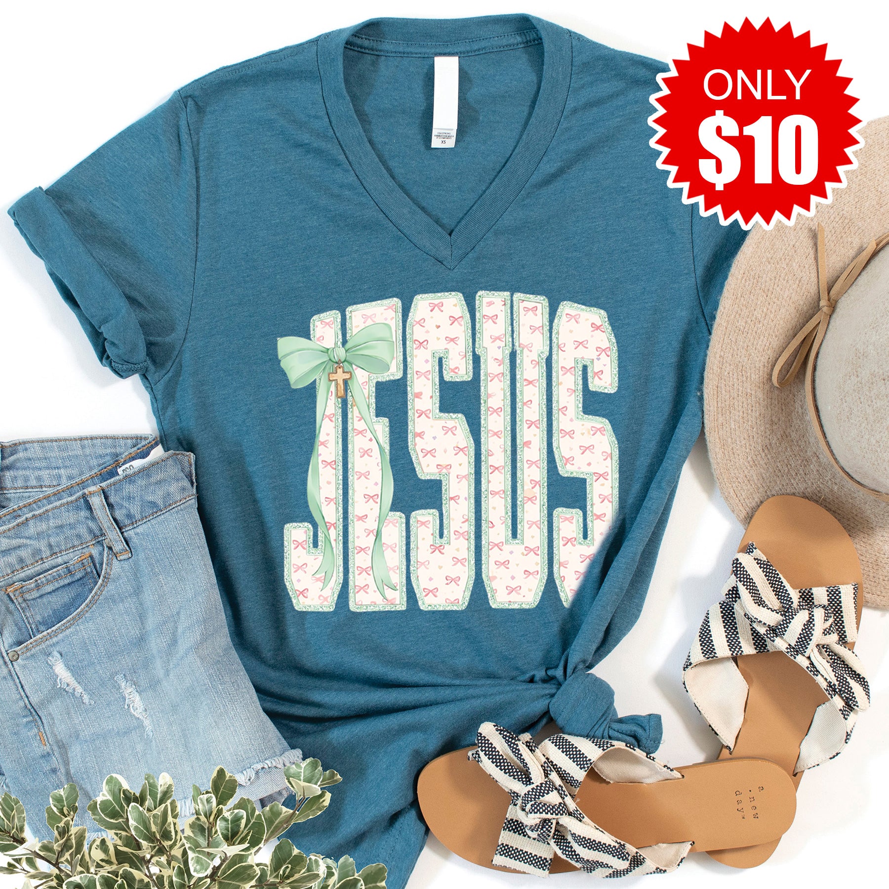Jesus V-Neck - Heather Deep Teal - 10