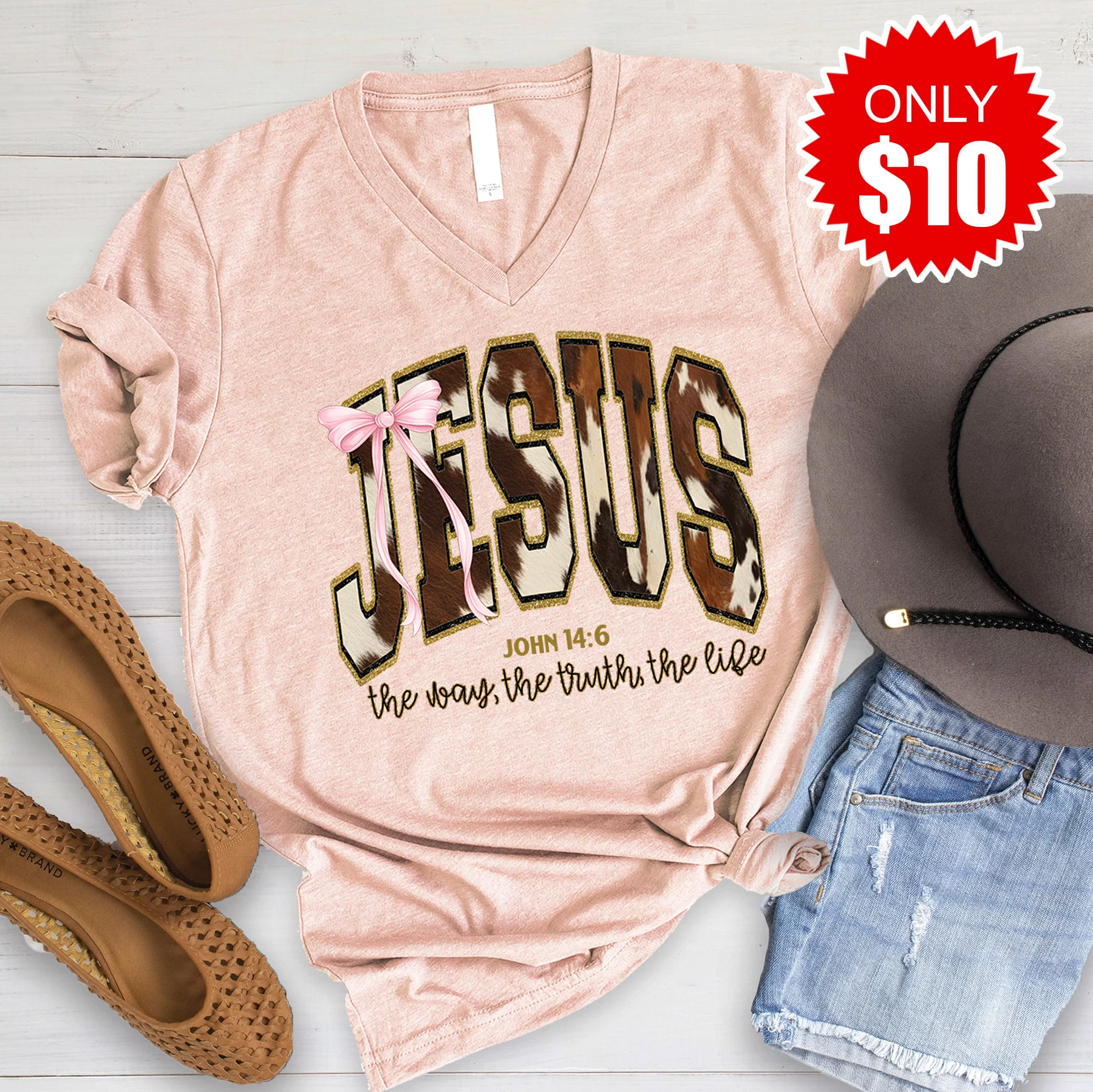 Jesus V-Neck - Heather Peach - 10