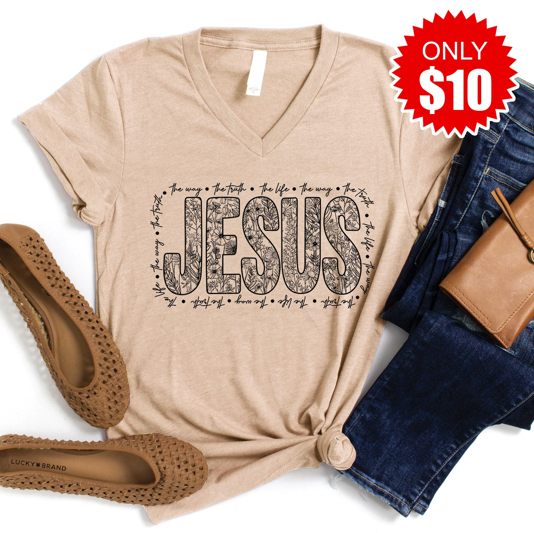 Jesus V-Neck - Heather Sand Dune - 10