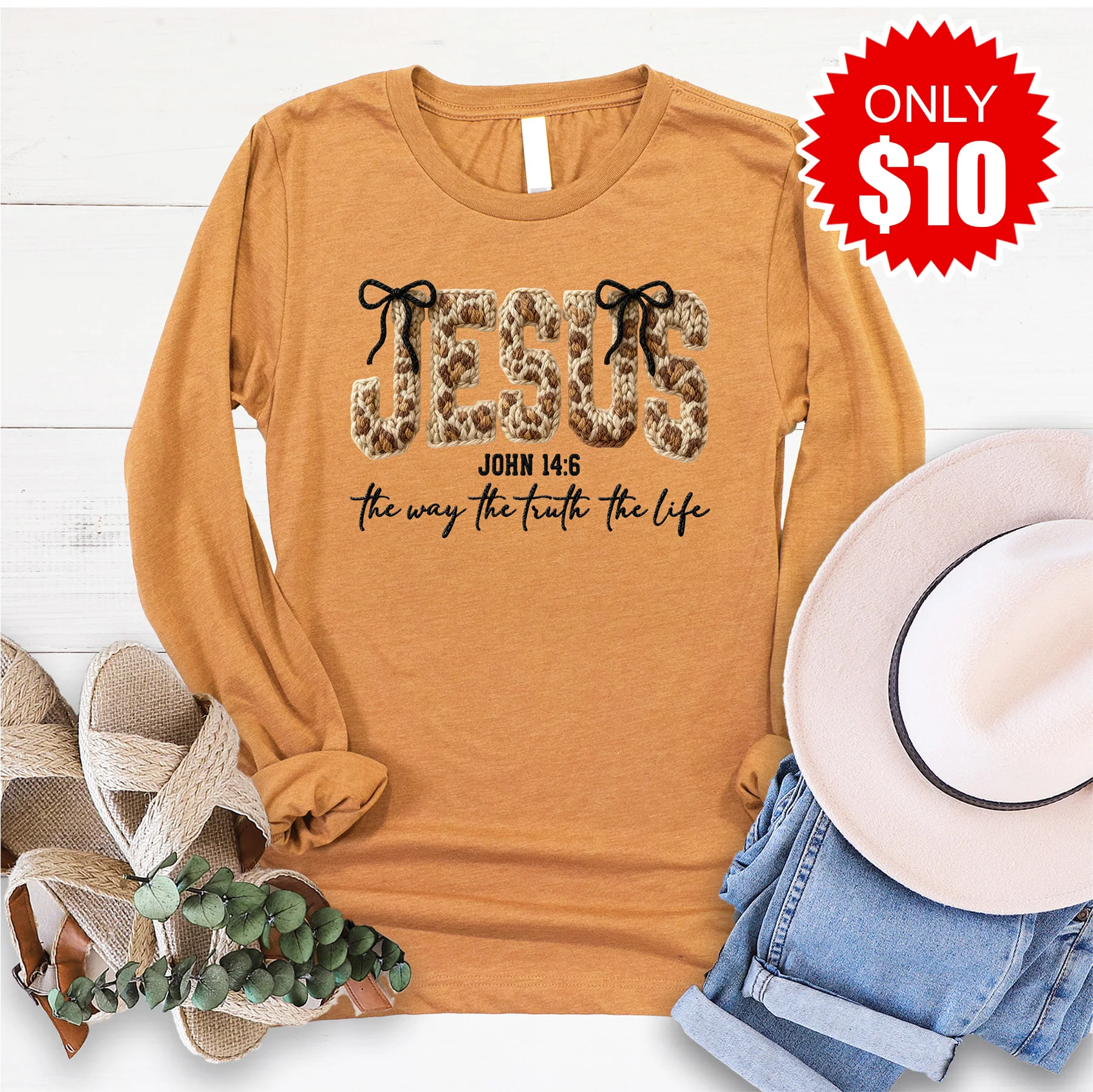 Jesus Way Truth Life Yarn Long Sleeve - Heather Toast - 10