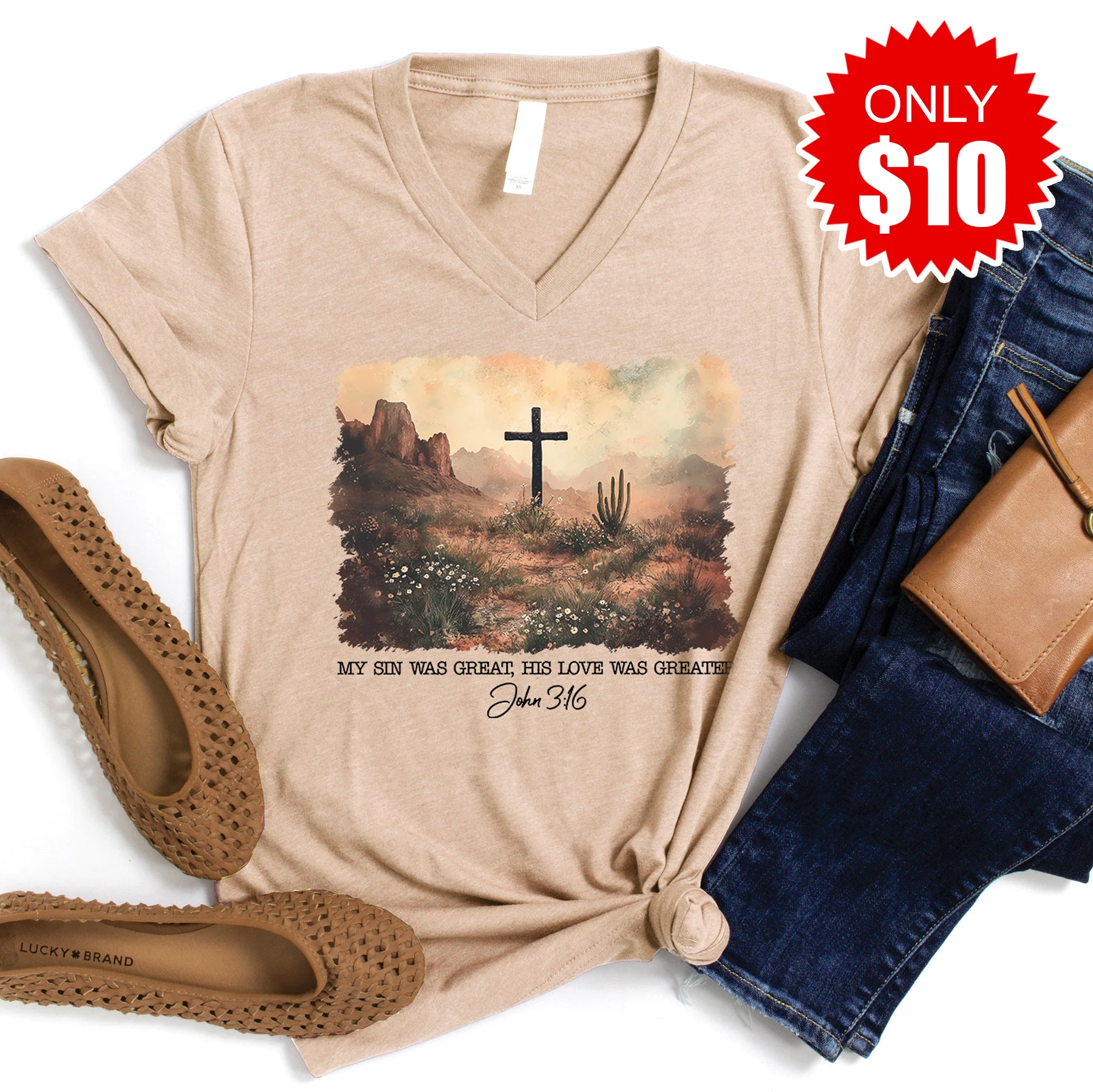 John 3:16 V-Neck - Heather Sand Dune - 10