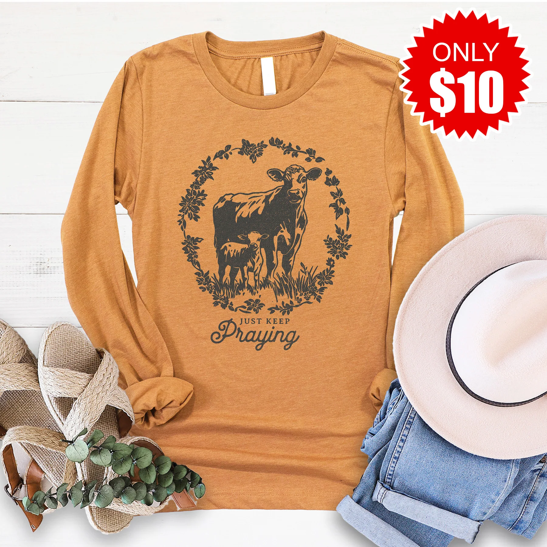 Just Keep Praying Long Sleeve - Heather Toast - 10