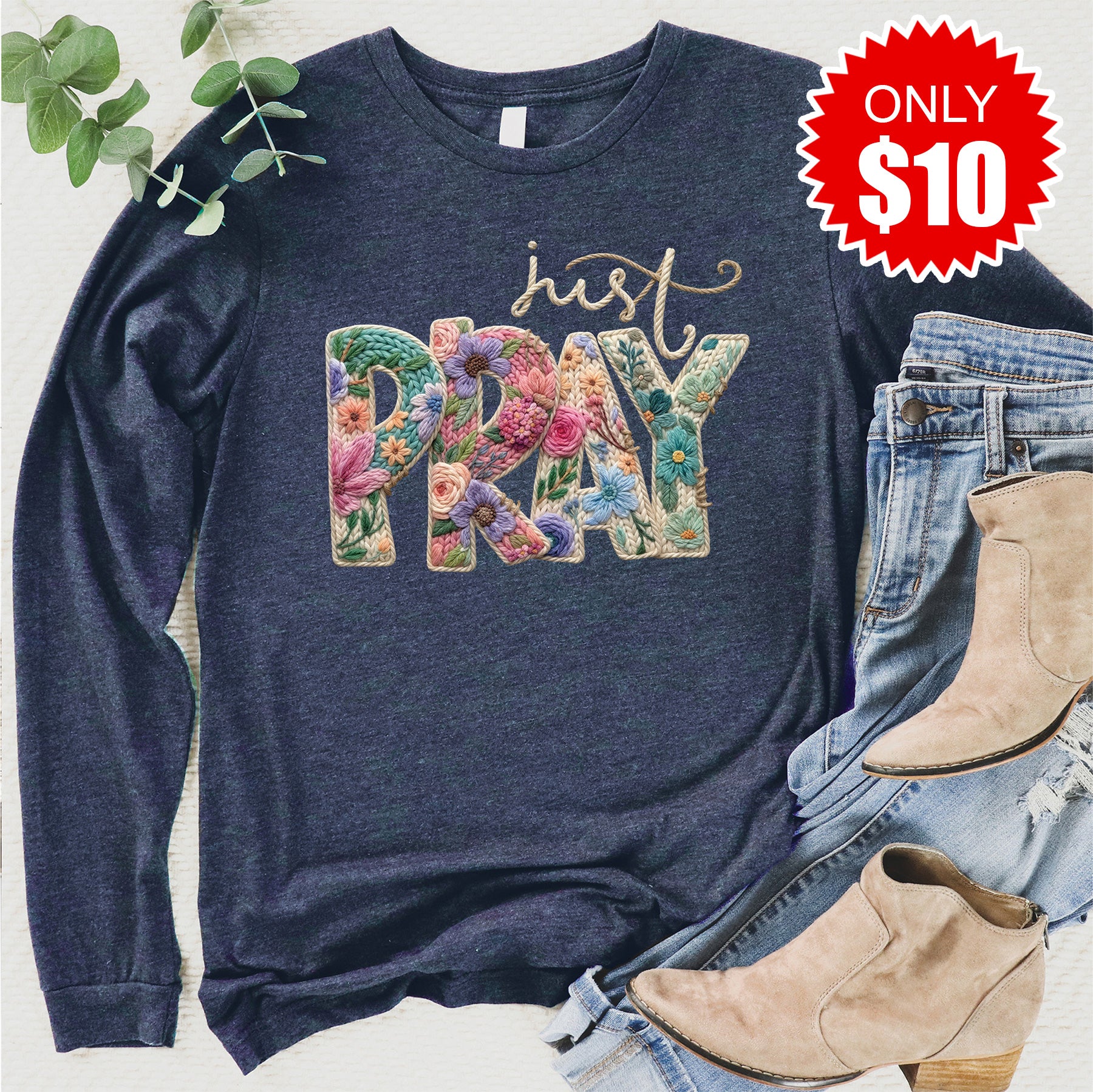 Just Pray Crochet Long Sleeve - Heather Navy - 10
