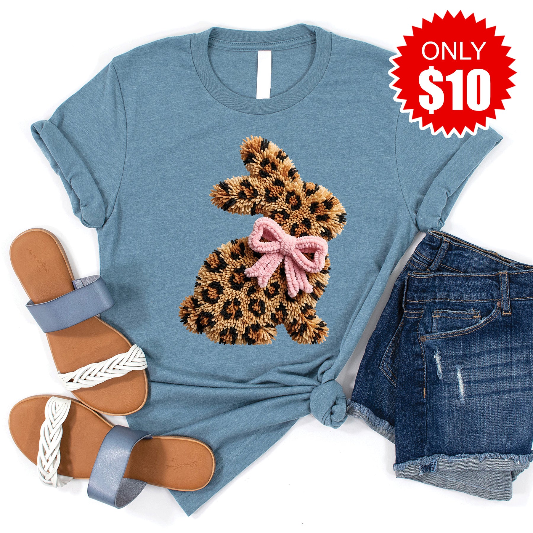 Leopard Bunny Tee - Heather Denim - 10