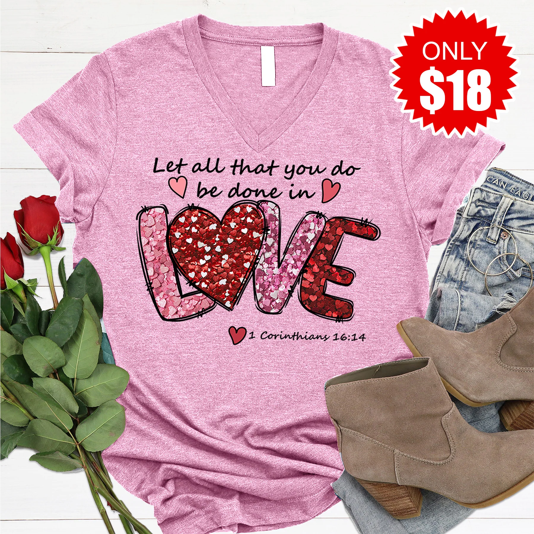 Let All That You Do V-Neck - Heather Bubble Gum - 10