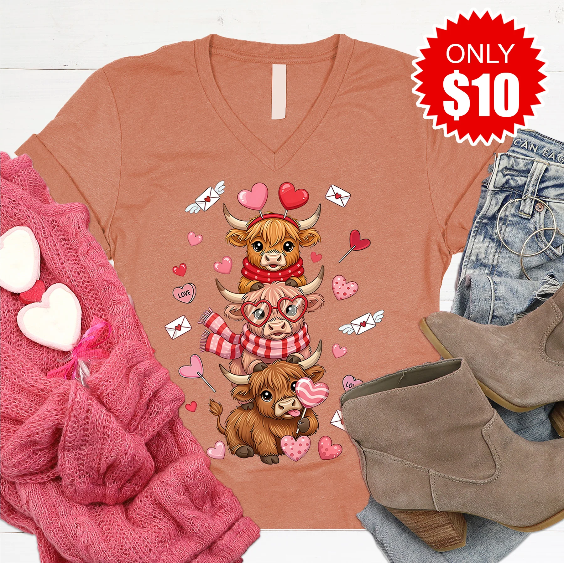 Love Cattles V-Neck - Heather Terracotta - 10