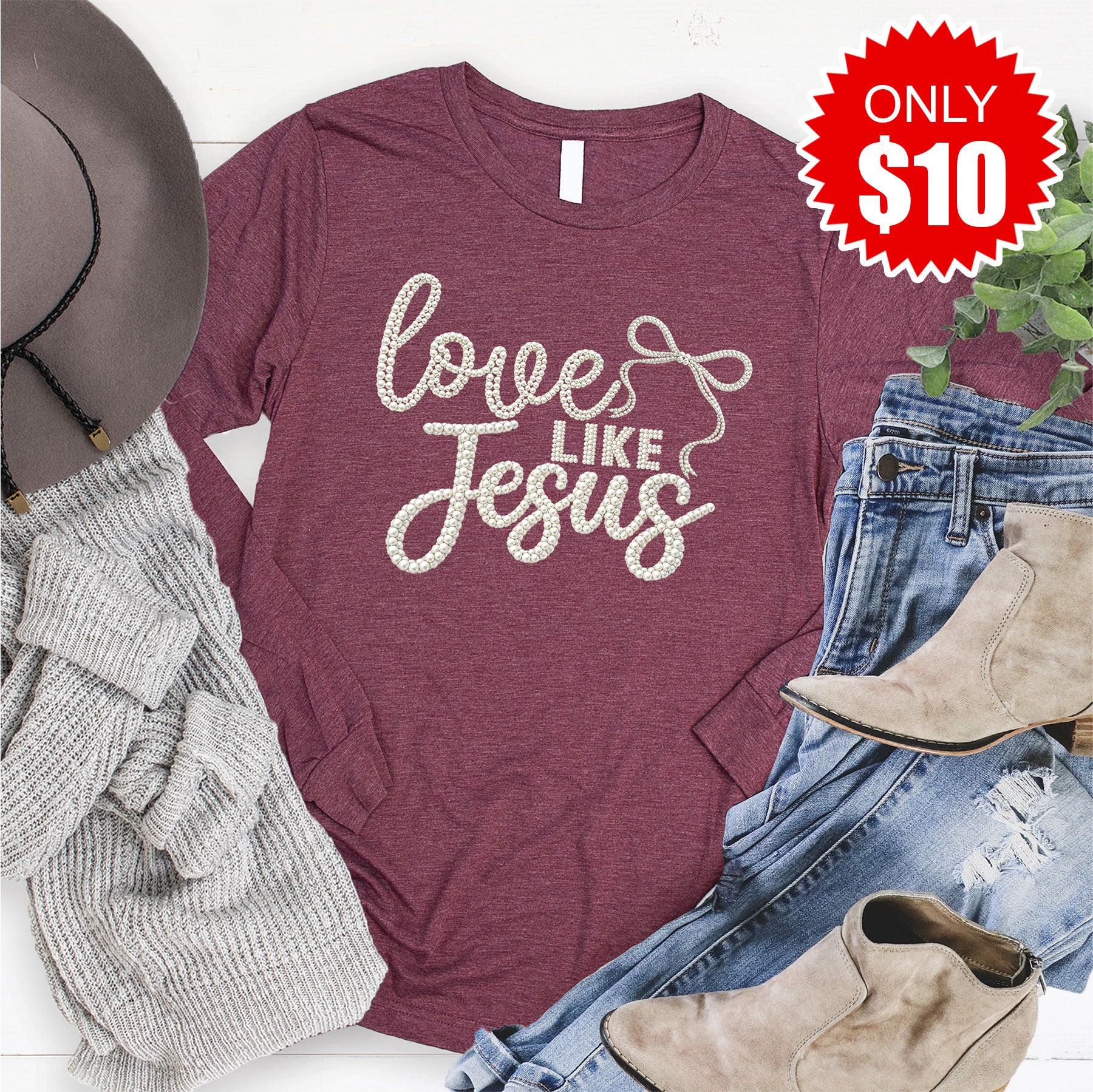 Love Like Jesus Long Sleeve - Heather Burgundy - 10