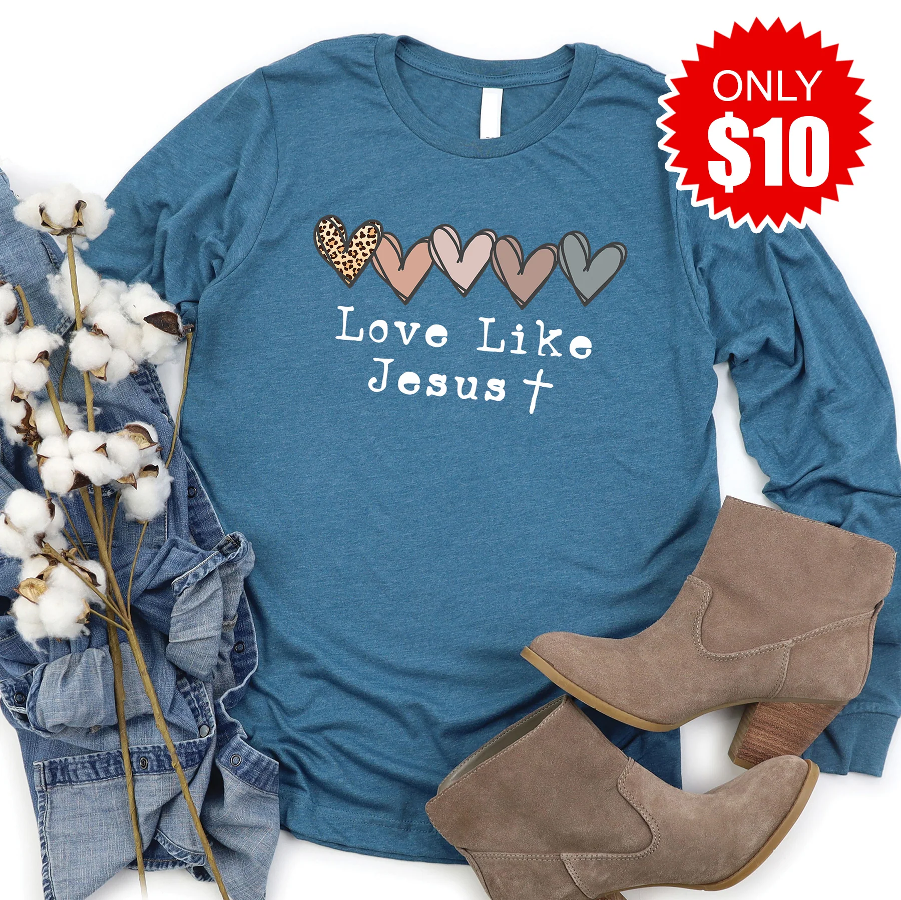 Love Like Jesus Long Sleeve - Heather Deep Teal - 10