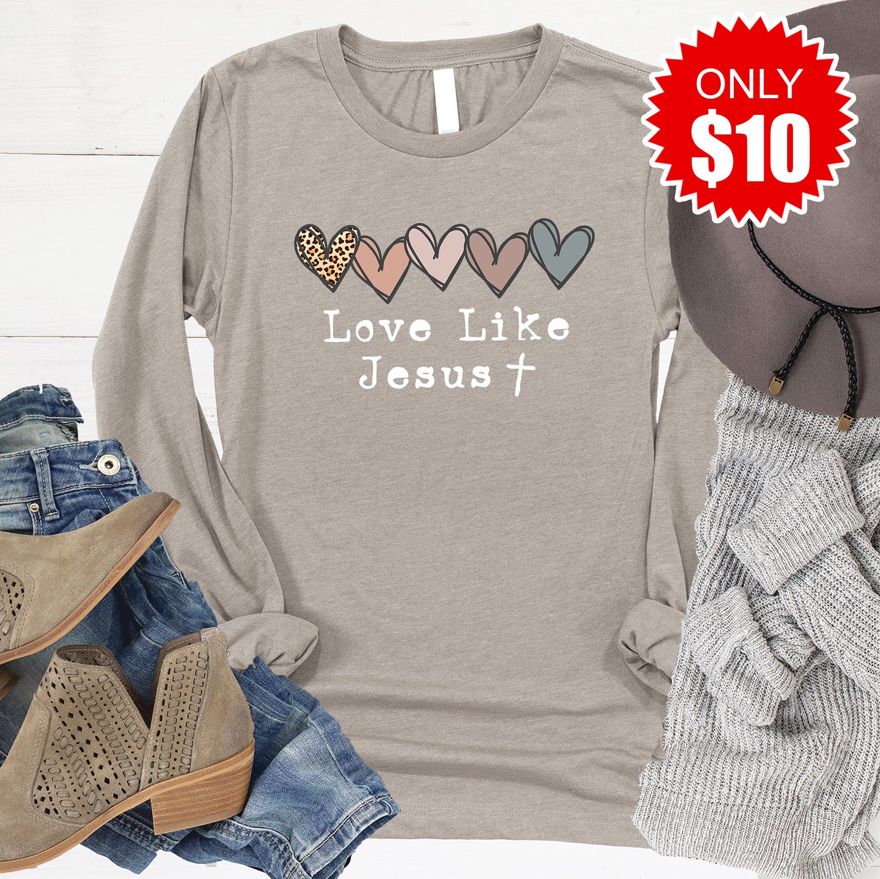 Love Like Jesus Long Sleeve - Heather Stone - 10