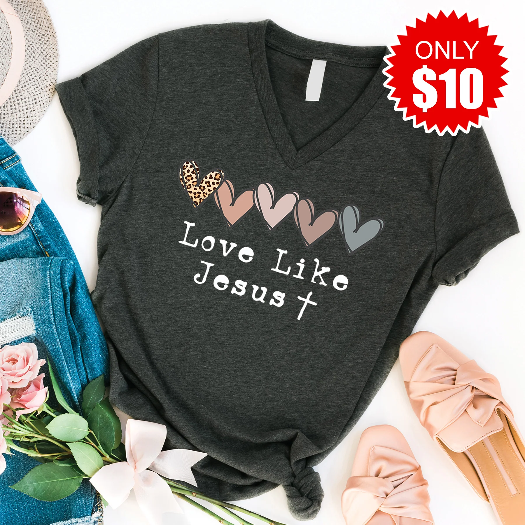 Love Like Jesus V-Neck - Heather Charcoal - 10