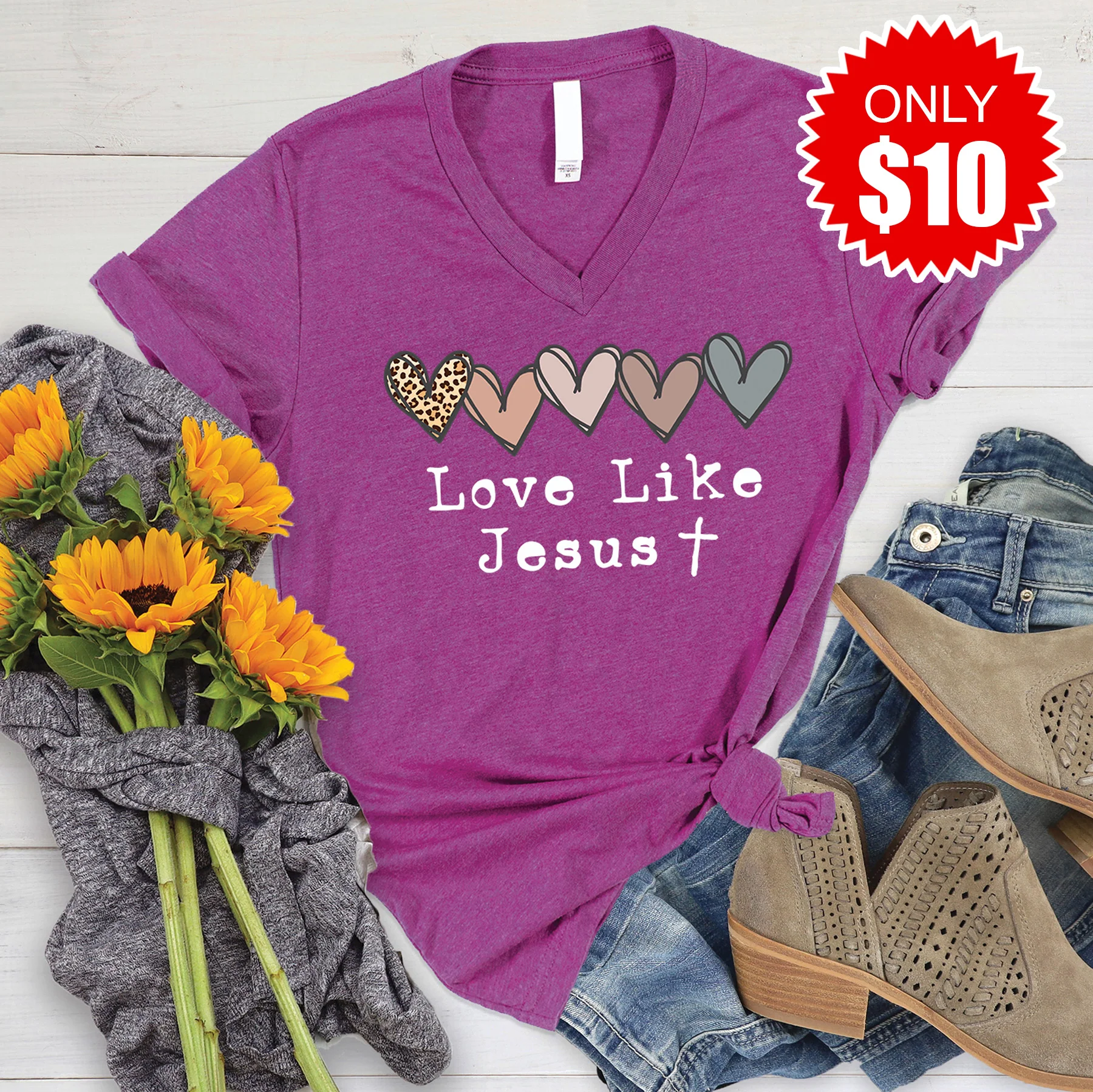 Love Like Jesus V-Neck - Heather Dragonfruit - 10