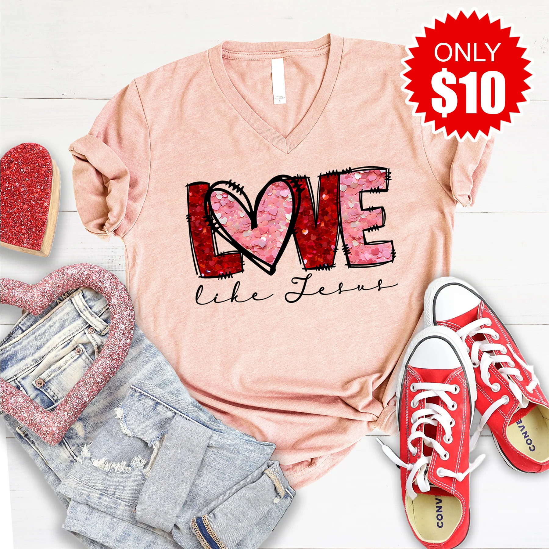 Love Like Jesus V-Neck - Heather Peach - 10