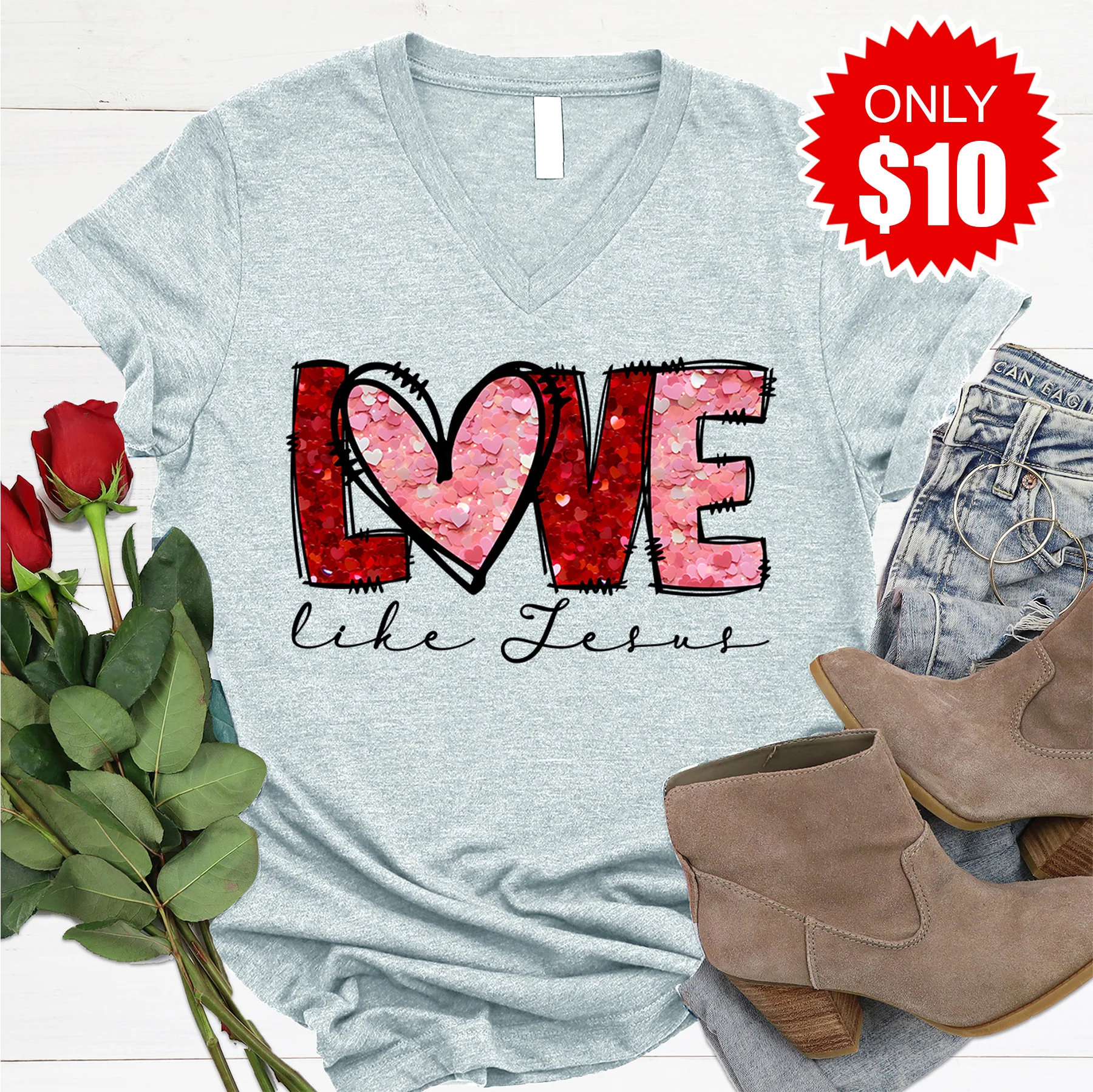 Love Like Jesus V-Neck - Heather Prism Ice Blue - 10