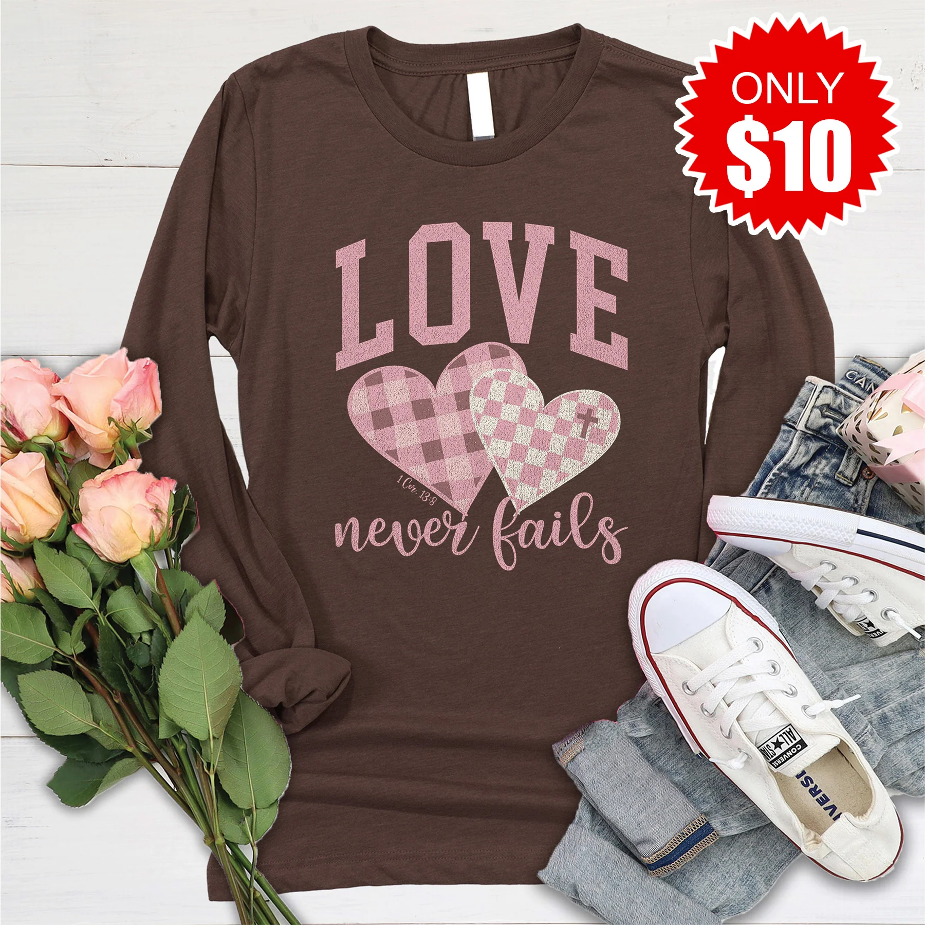 Love Never Fails (Varsity) Long Sleeve - Heather Brown - 10