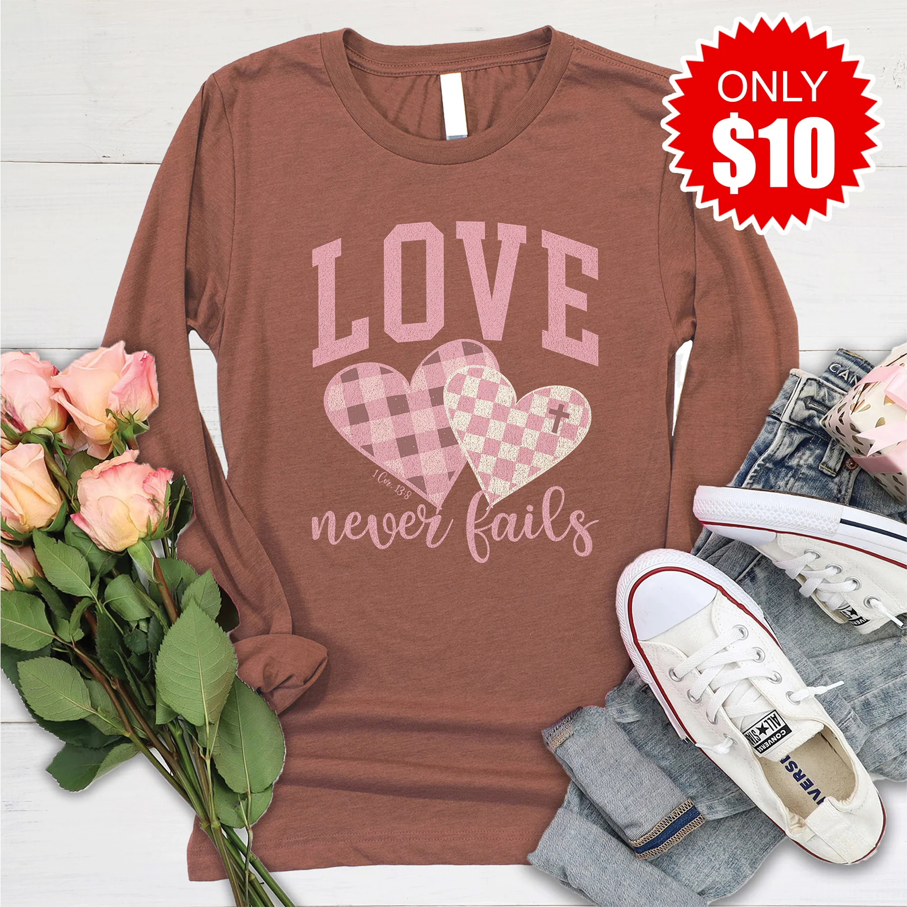 Love Never Fails (Varsity) Long Sleeve - Heather Chestnut - 10