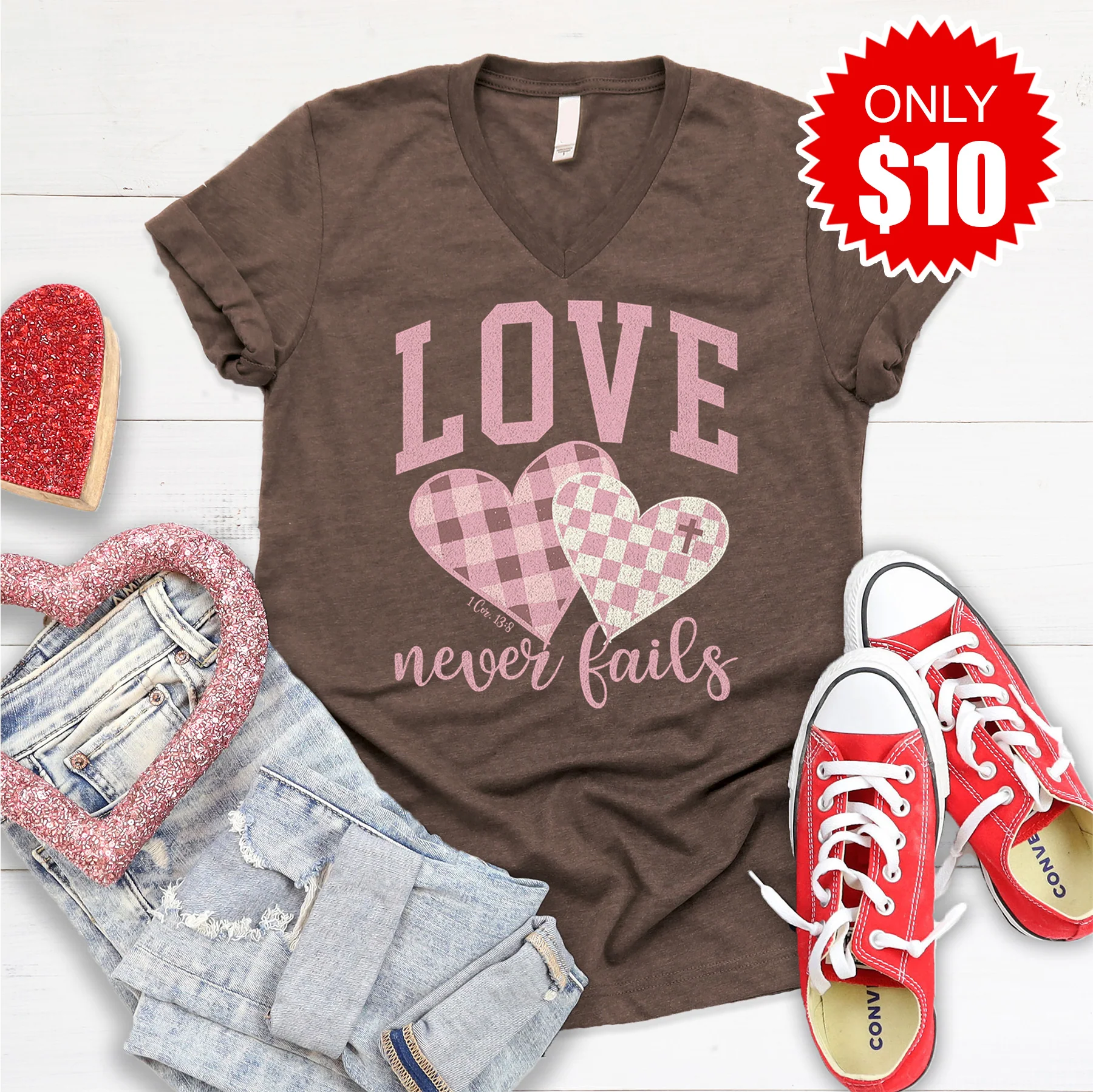 Love Never Fails (Varsity) V-Neck - Heather Brown - 10