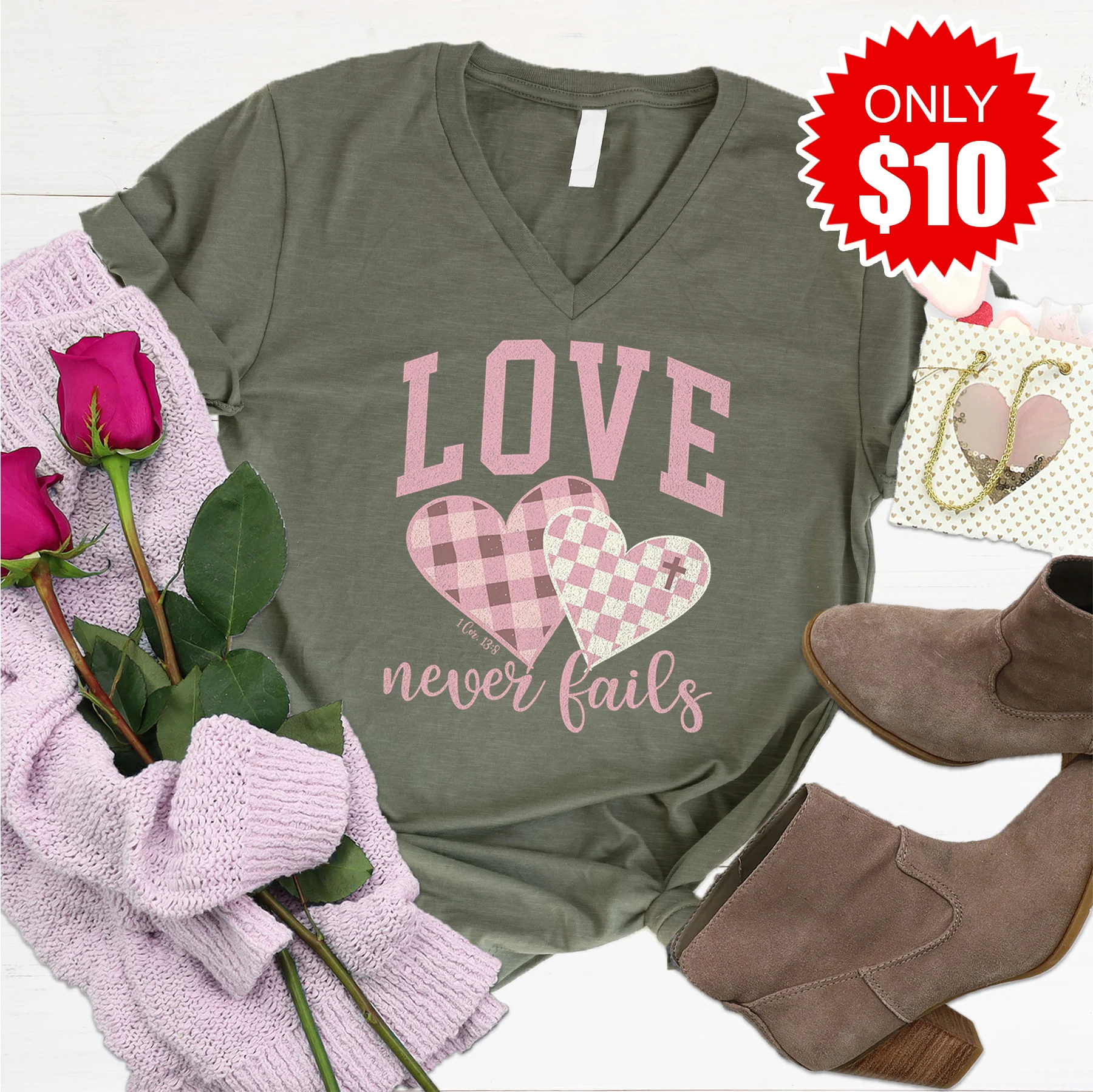 Love Never Fails (Varsity) V-Neck - Heather Olive - 10