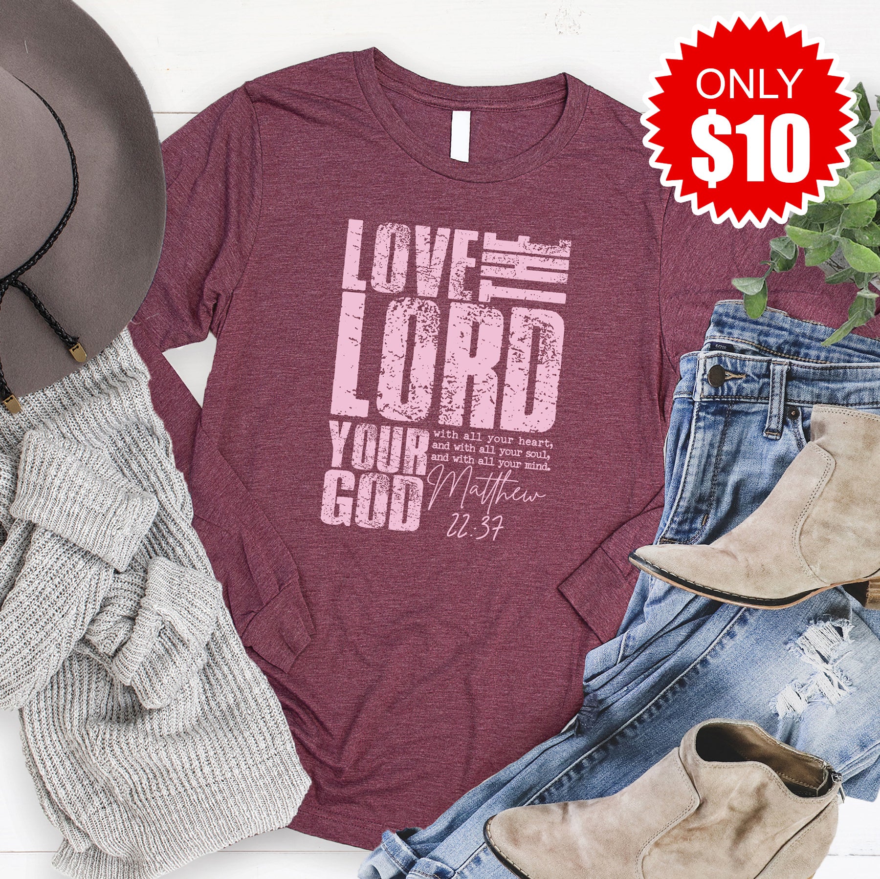 Love The Lord Your God Long Sleeve - Heather Burgundy - 10