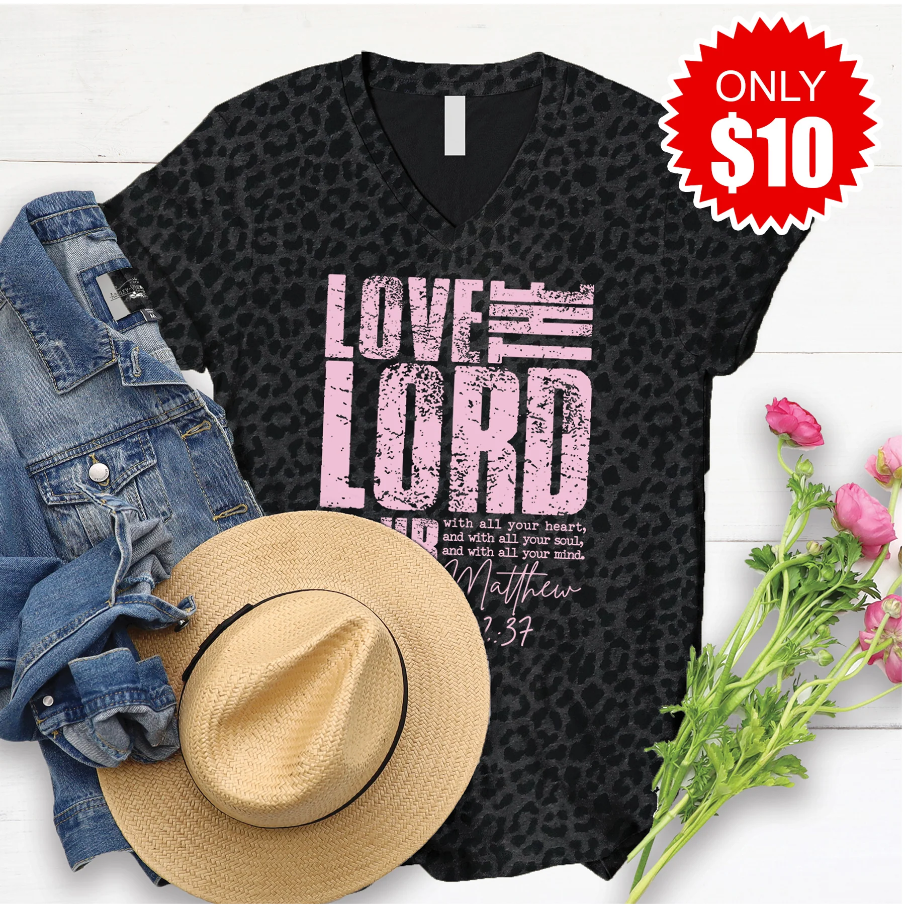 Love The Lord Your God V-Neck - Black Leopard - 10