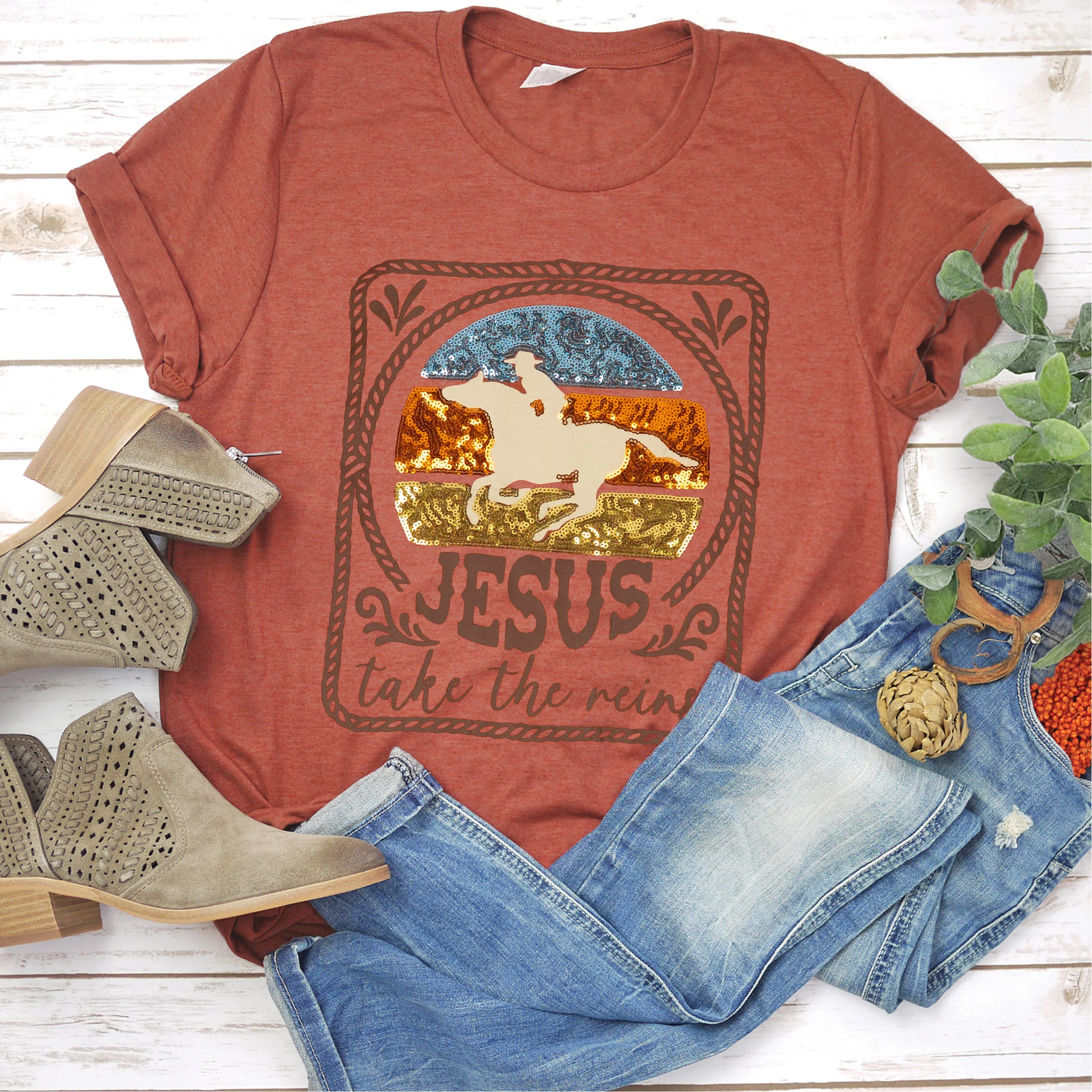 Jesus Take the Reins Sequin Tee
