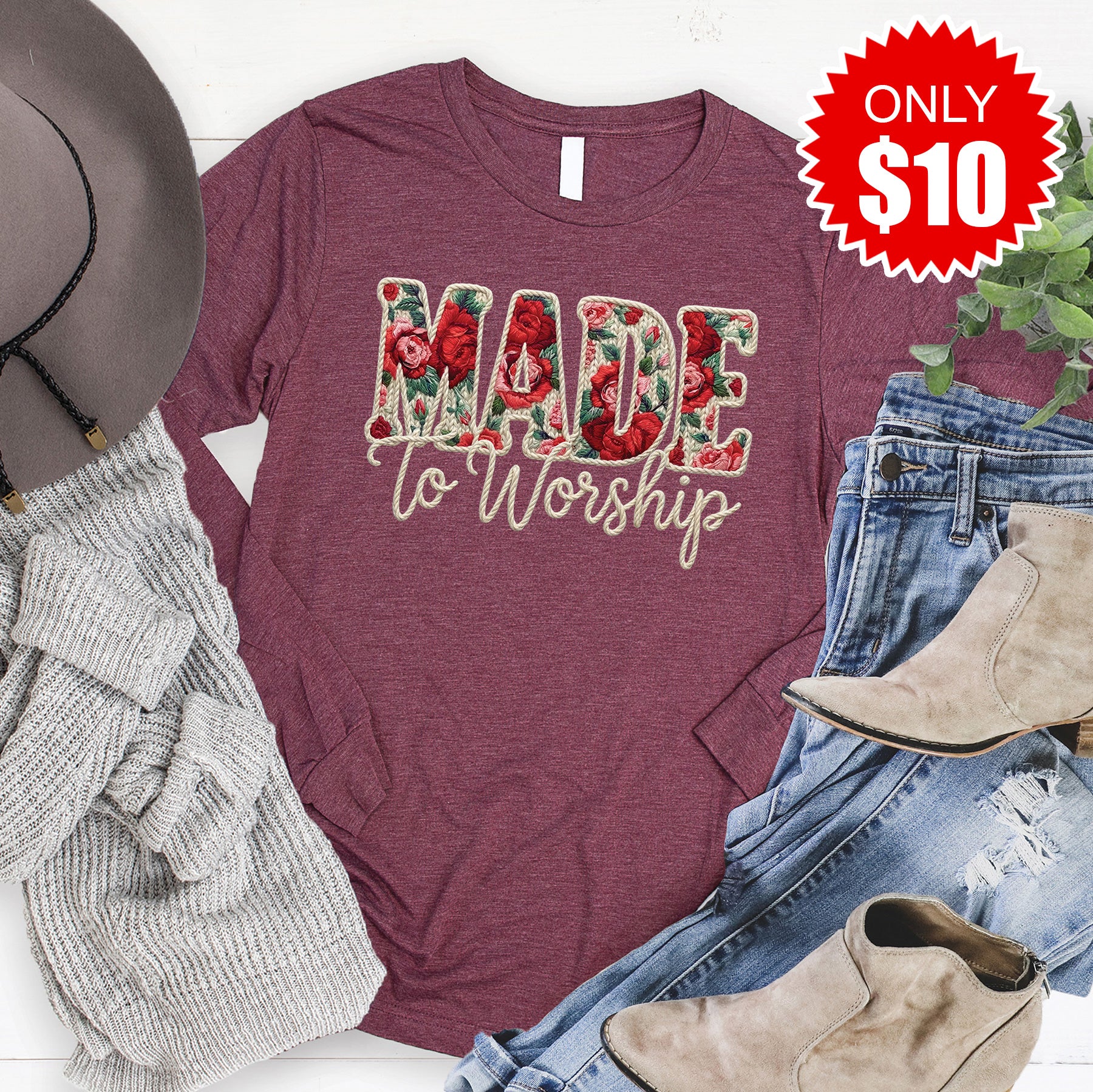 Made To Worship Long Sleeve - Heather Burgundy - 10