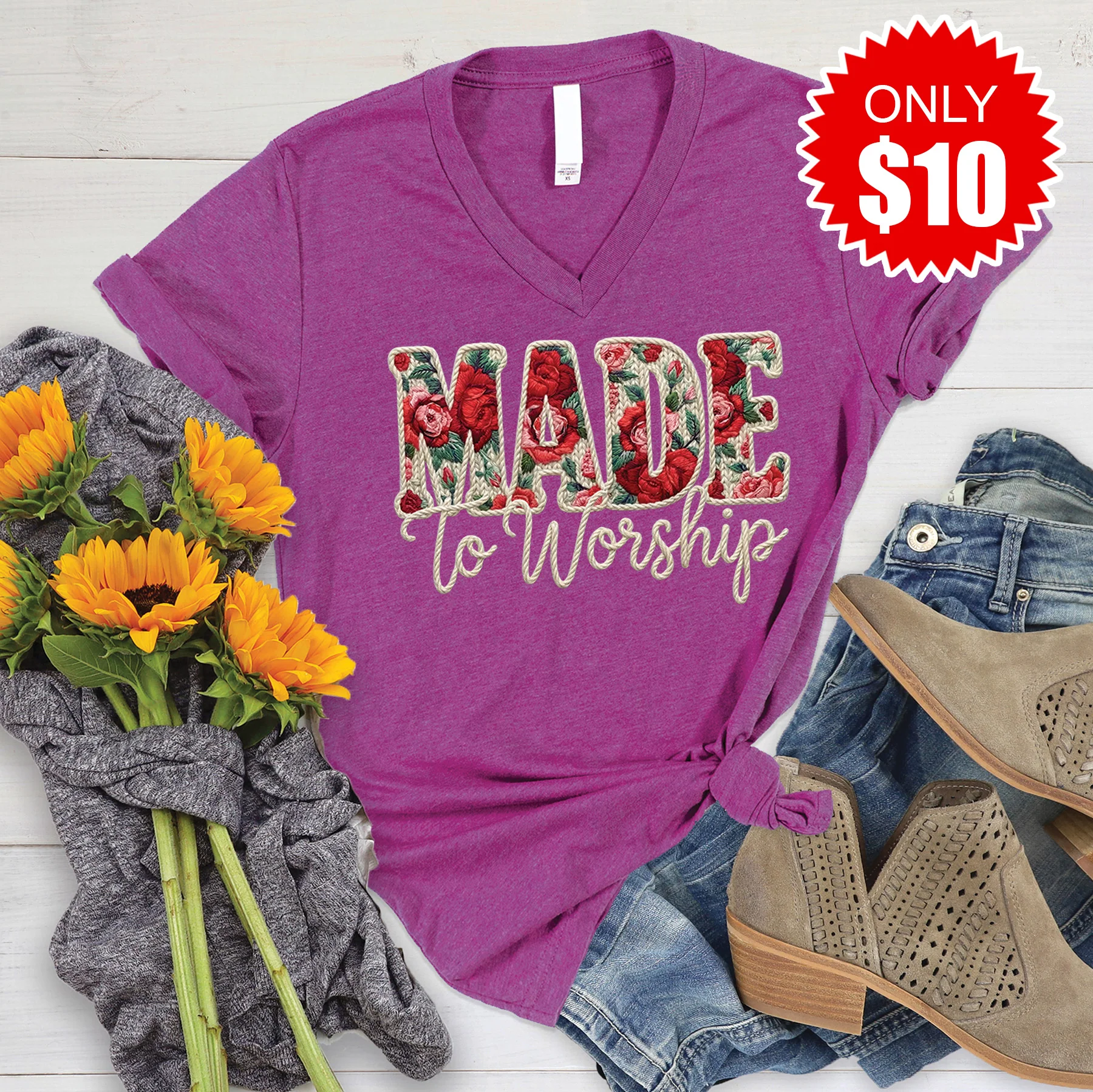 Made To Worship V-Neck - Heather Dragonfruit - 10