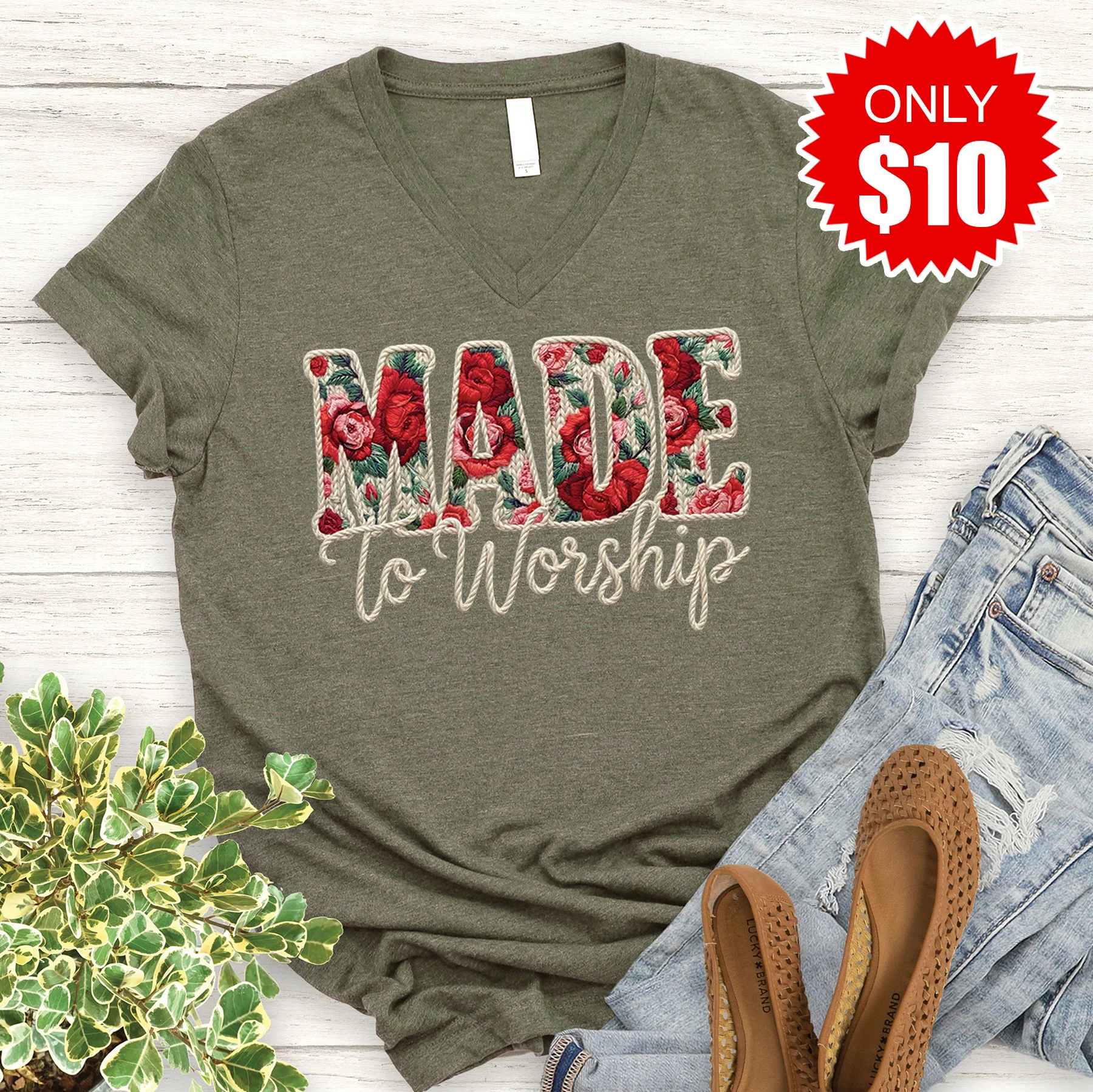 Made To Worship V-Neck - Heather Olive - 10