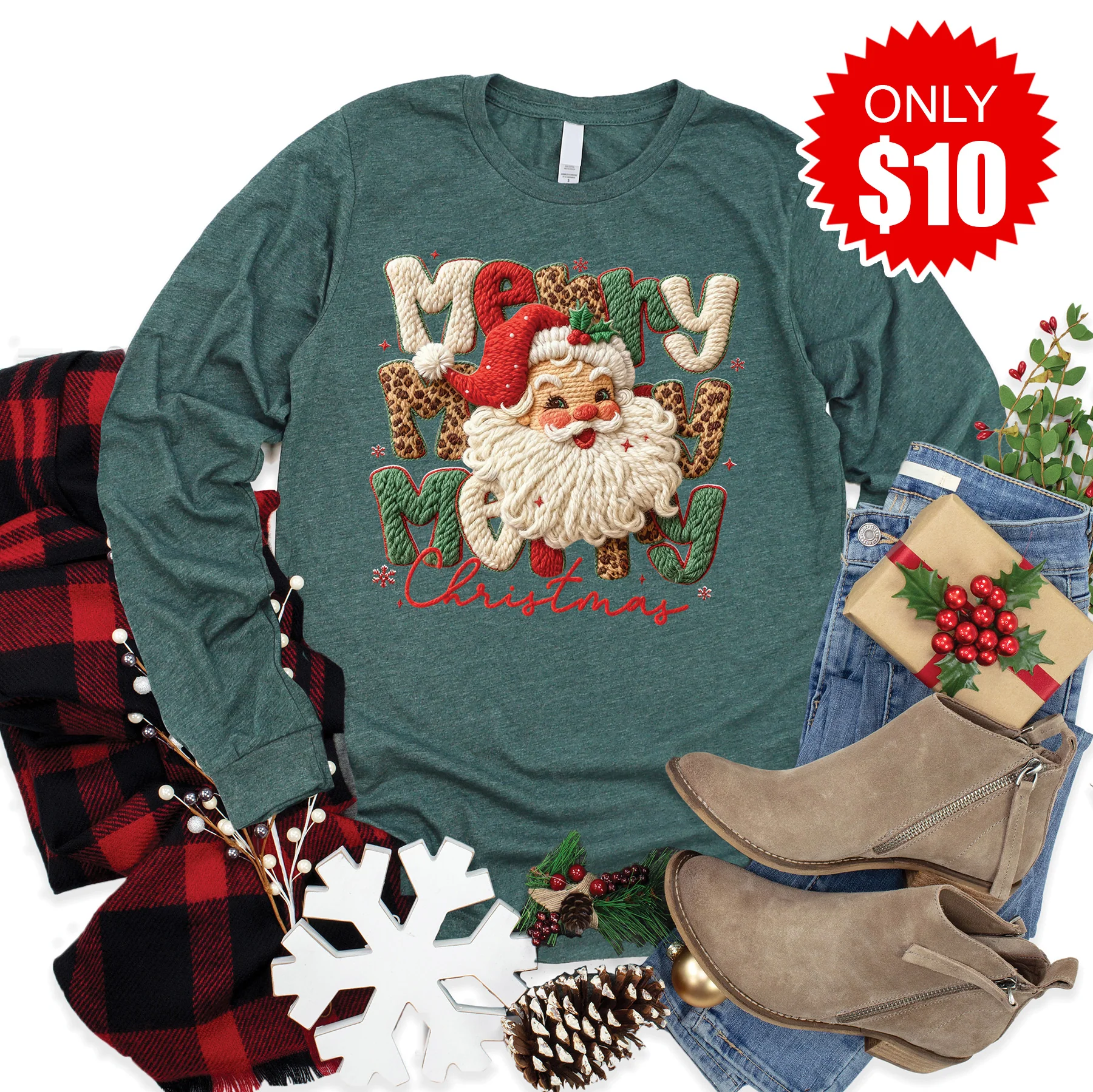 Merry Christmas Patchwork Long Sleeve - Heather Forest - 10